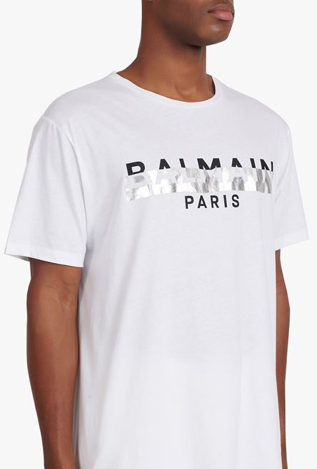 Oversized white eco-designed cotton T-shirt with black and silver Balmain logo print - 6