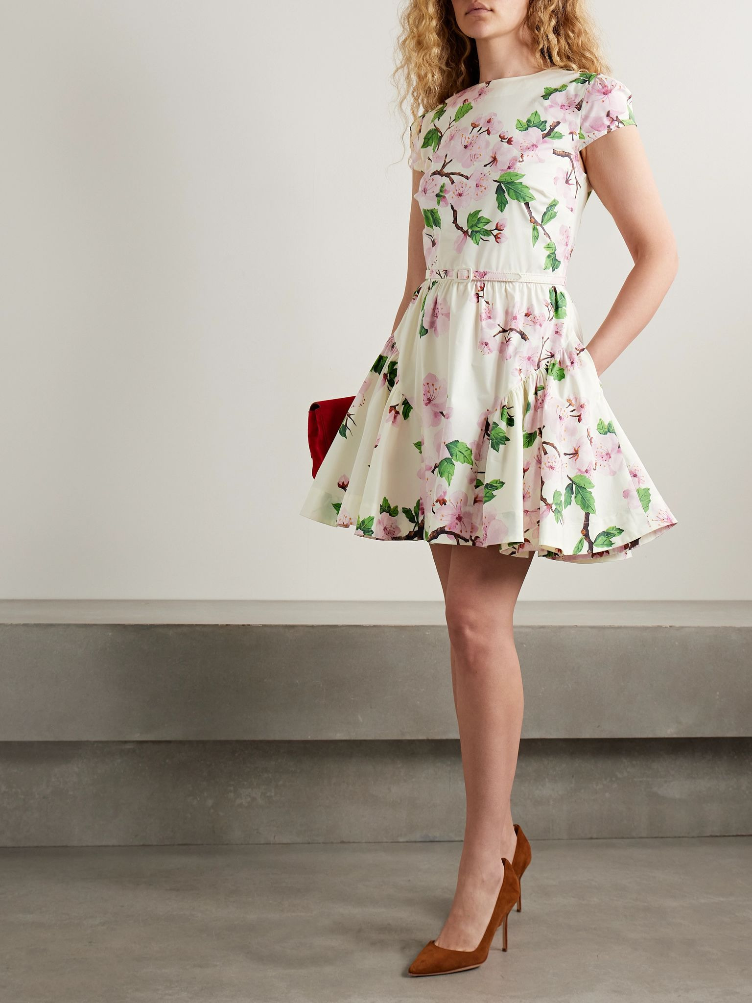 Belted tiered floral-print cotton-blend poplin mini dress Ivory - 2