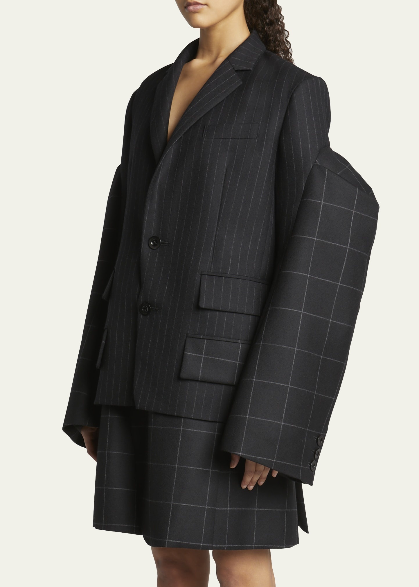 Pinstripe Windowpane Wool Blazer with Oversized Sleeves - 4