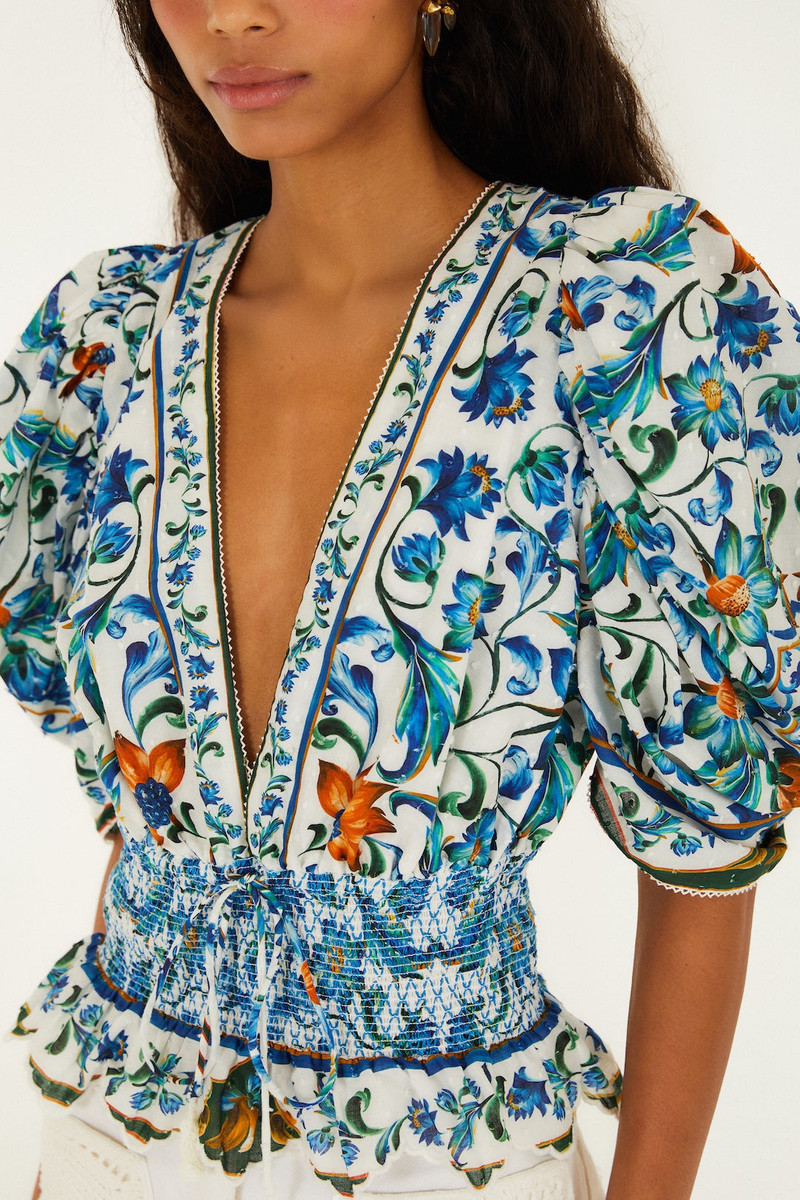 FARM RIO Off-White Flora Tile Smocked Organic Cotton Blouse outlook