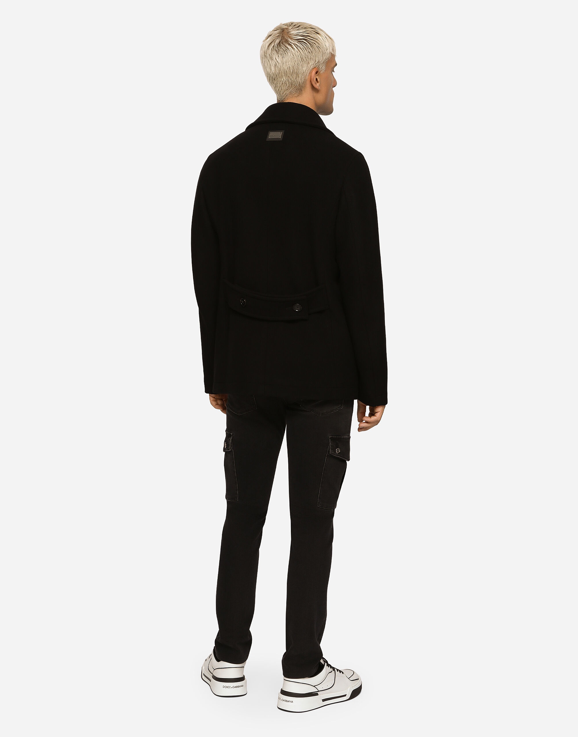 Double-breasted wool pea coat with branded tag - 5