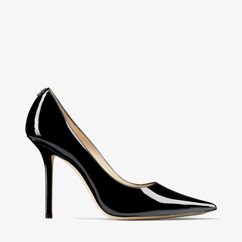 Love 100 Black Patent Leather Pointed-Toe Pumps with JC Emblem - 1
