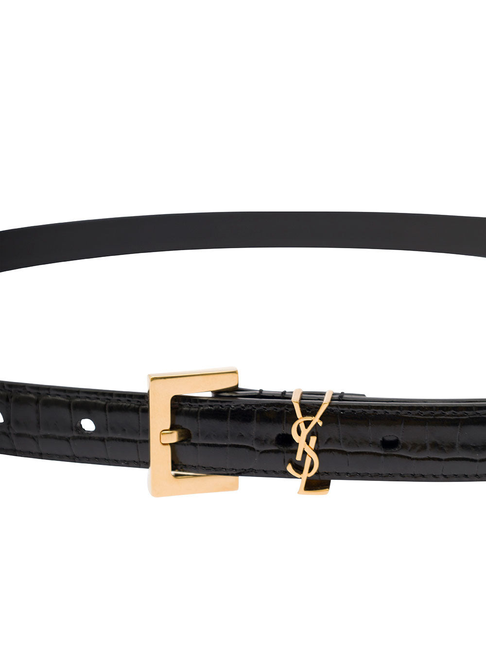 Saint Laurent Women Black Thin Belt With Square Buckle And Cassandre In Crocodile-Embossed Leather W - 4