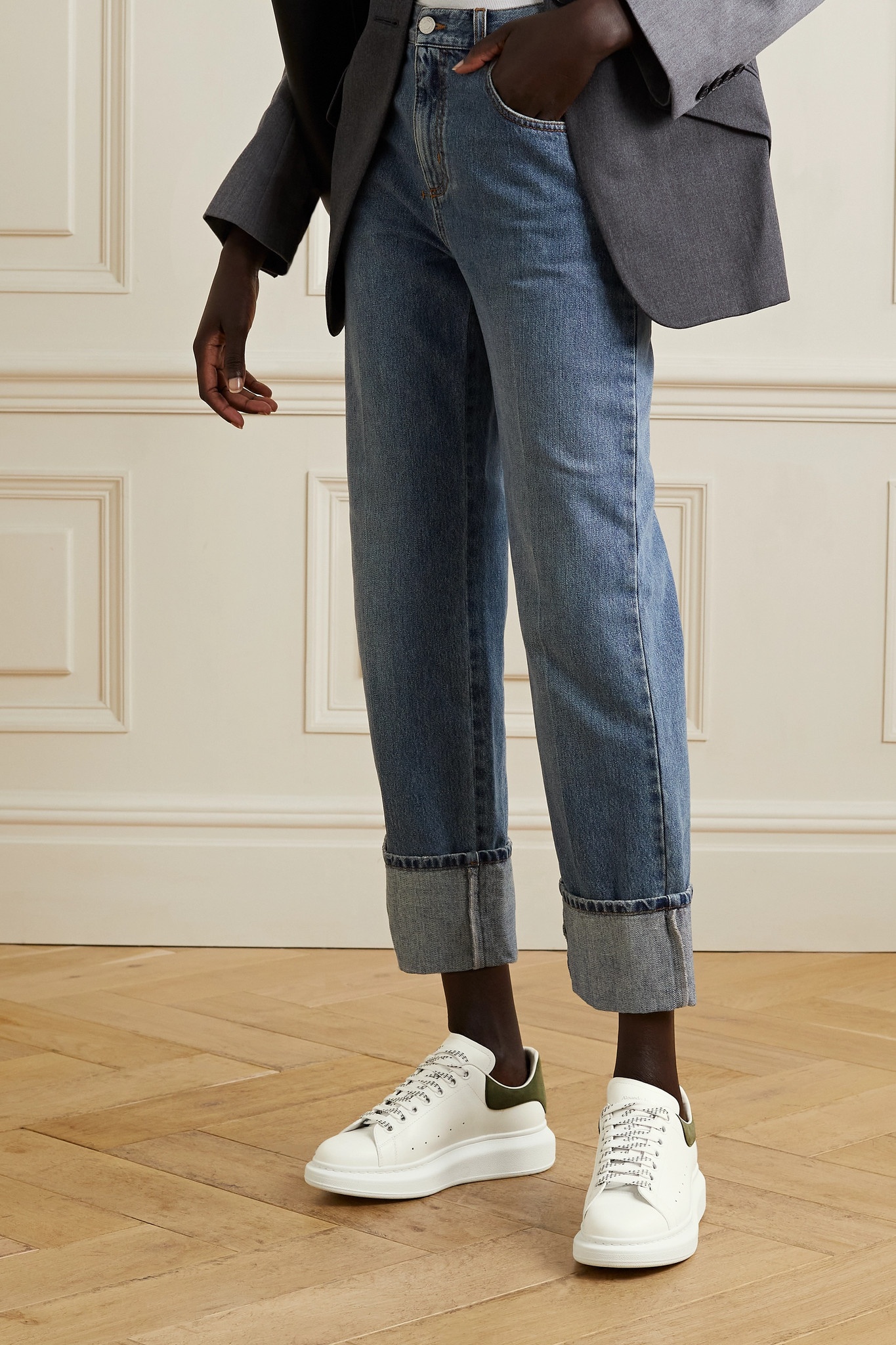 Suede-trimmed leather exaggerated-sole sneakers - 2