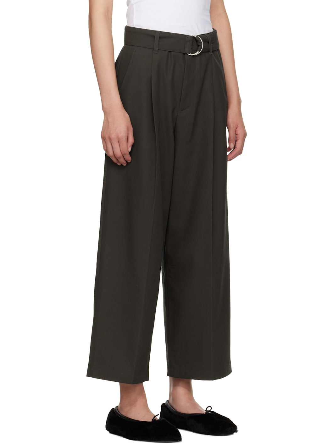Gray Belted Wide Leg Crop Trousers - 2