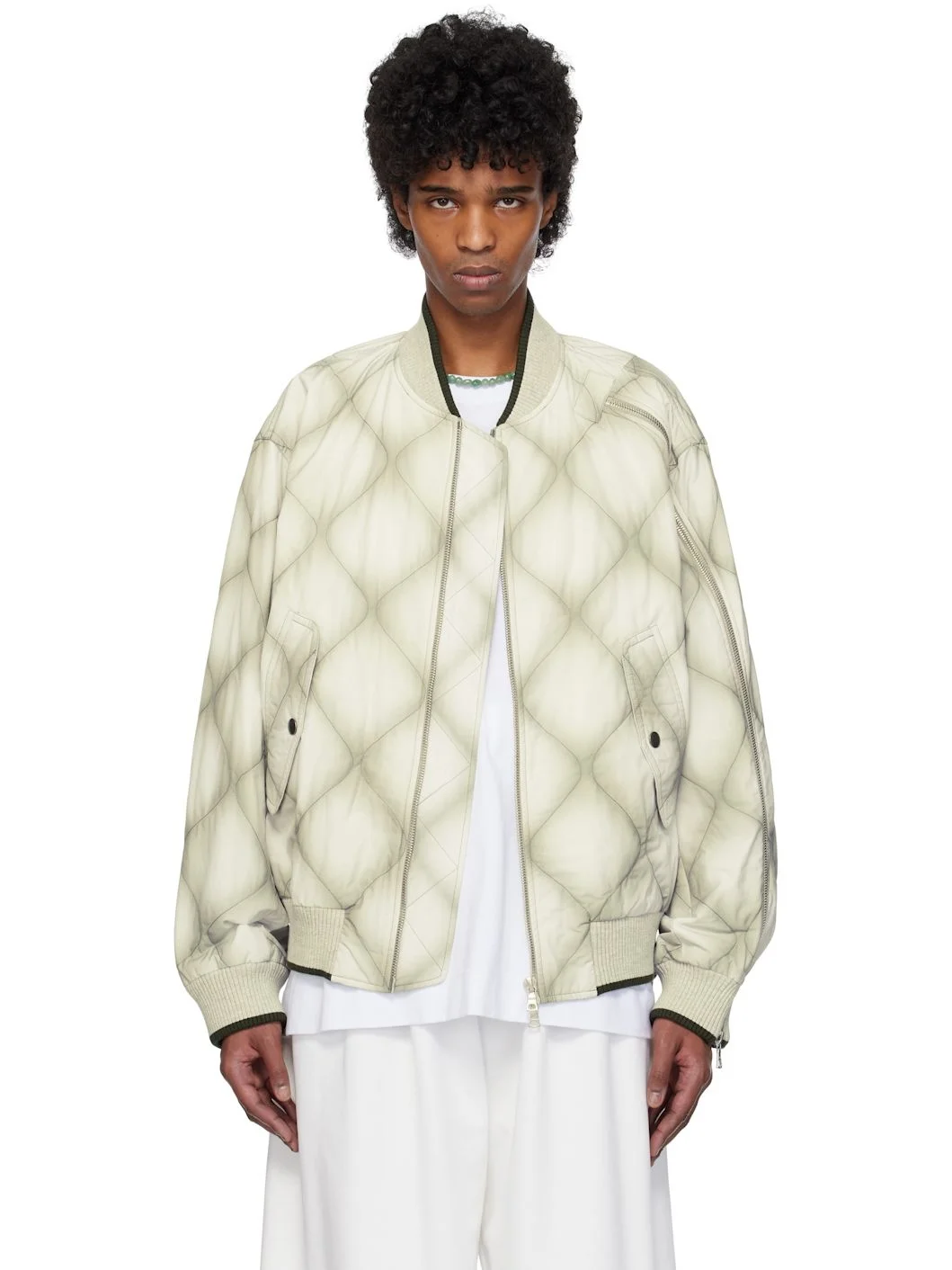 White & Gray Duck Canvas Bomber Jacket - 1