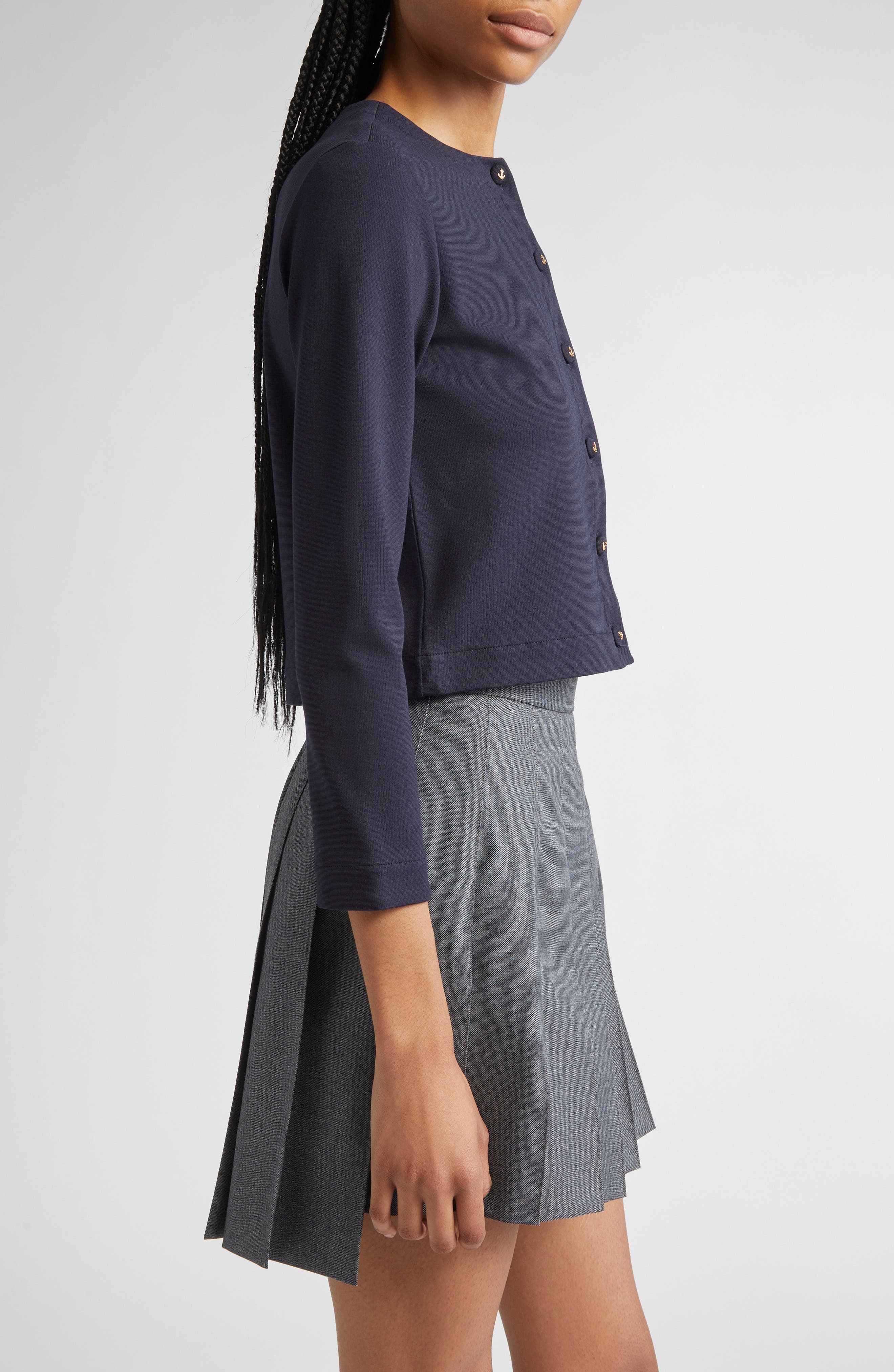 Thom Browne Crewneck Cardigan with Anchor Embossed Buttons in Navy at Nordstrom - 4