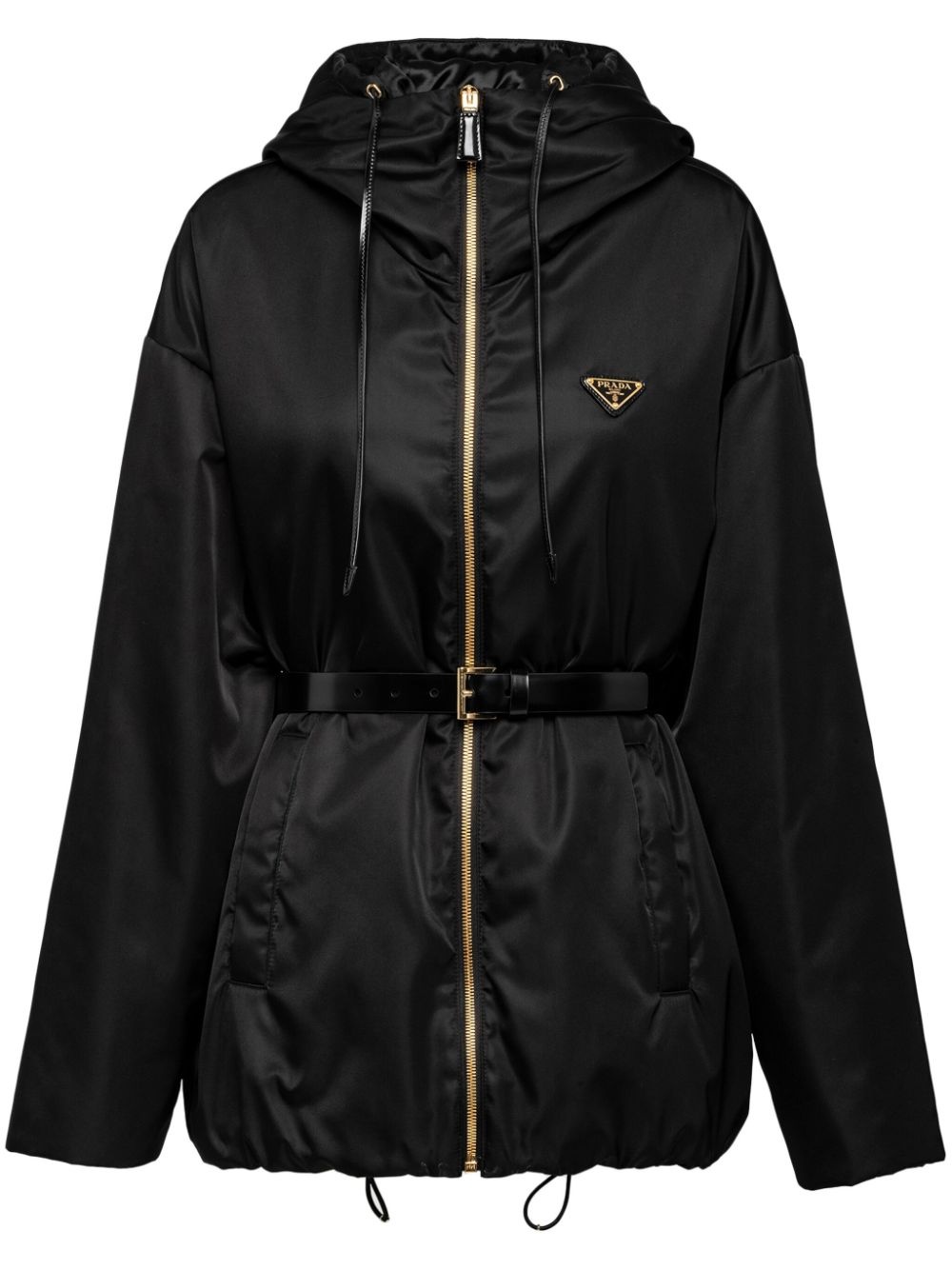 Prada enamel triangle-logo belted hooded jacket farfetch