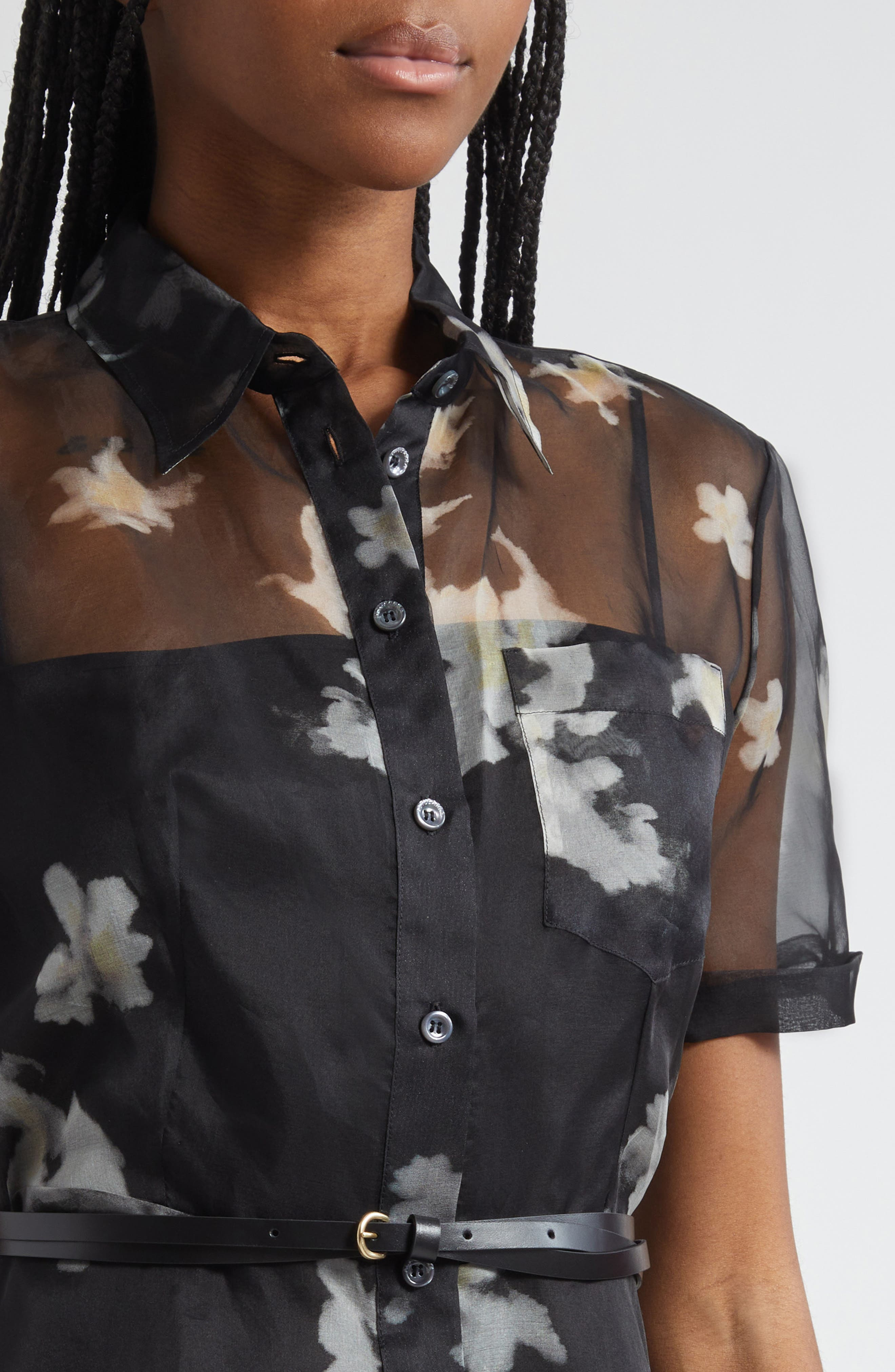 Altuzarra Kiera Print Silk Chiffon Belted Shirtdress in Black Inky Flowers at Nordstrom - 4