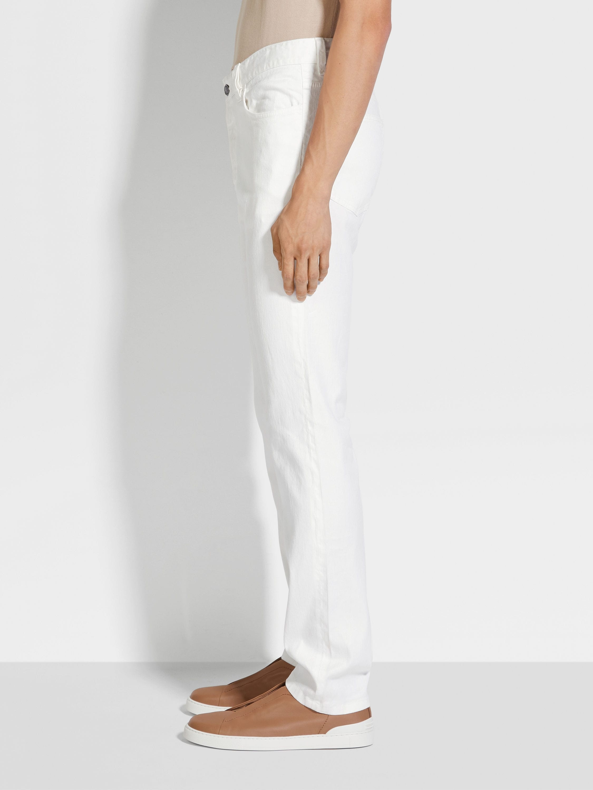 WHITE STRETCH LINEN AND COTTON ROCCIA JEANS - 3