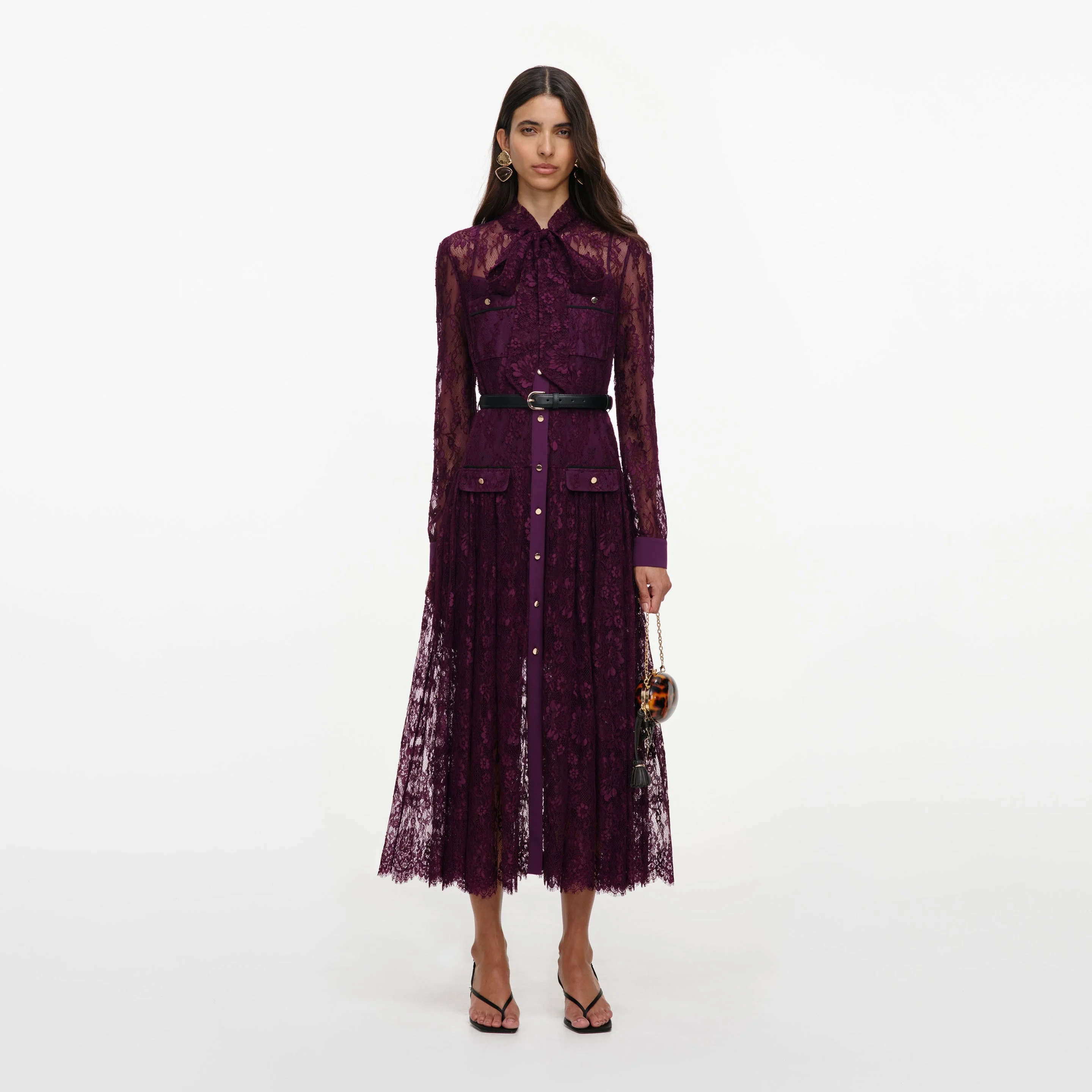 Purple Lace Tie Neck Midi Dress - 1