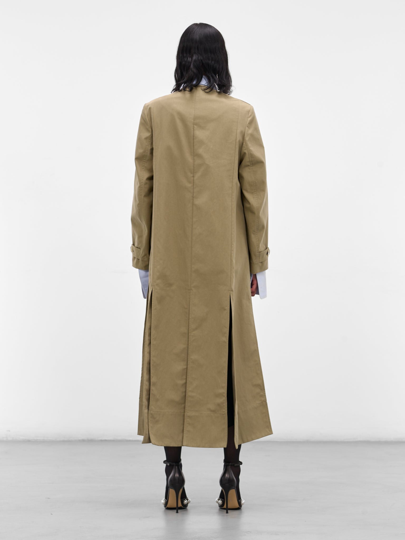 Beige Collarless Slit Trench Coat - 3