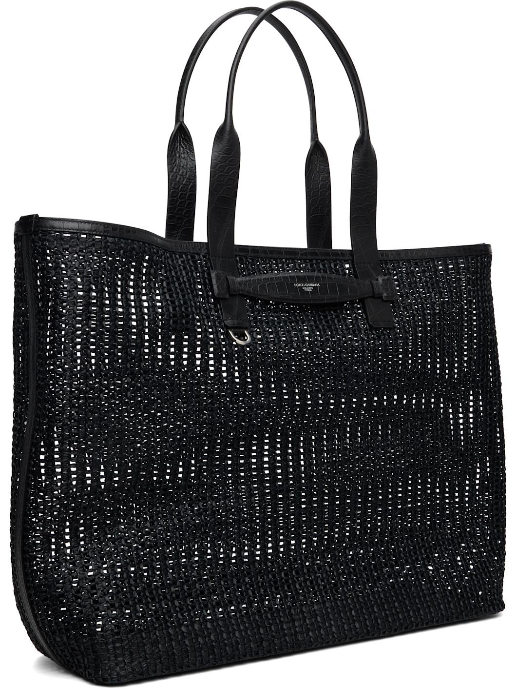 Black Woven Mesh & Calfskin Shopper Tote - 2