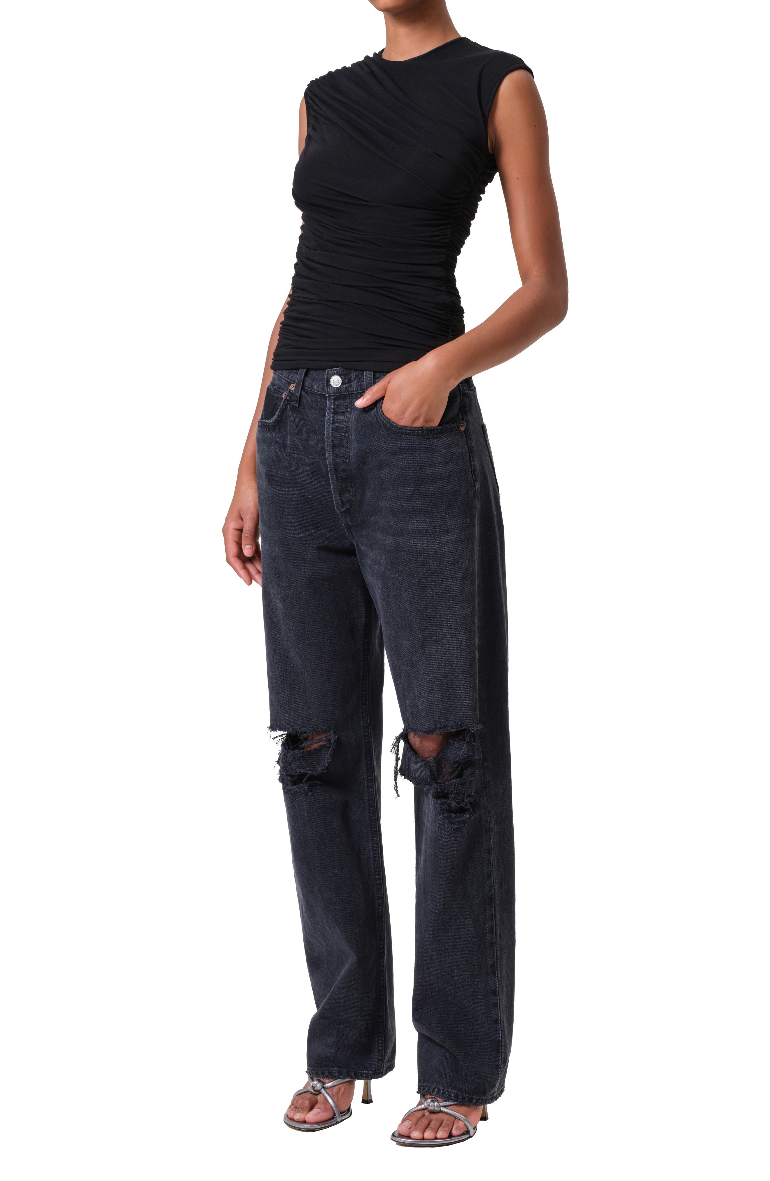 AGOLDE Ester Rib Ruched Tank in Black at Nordstrom - 5