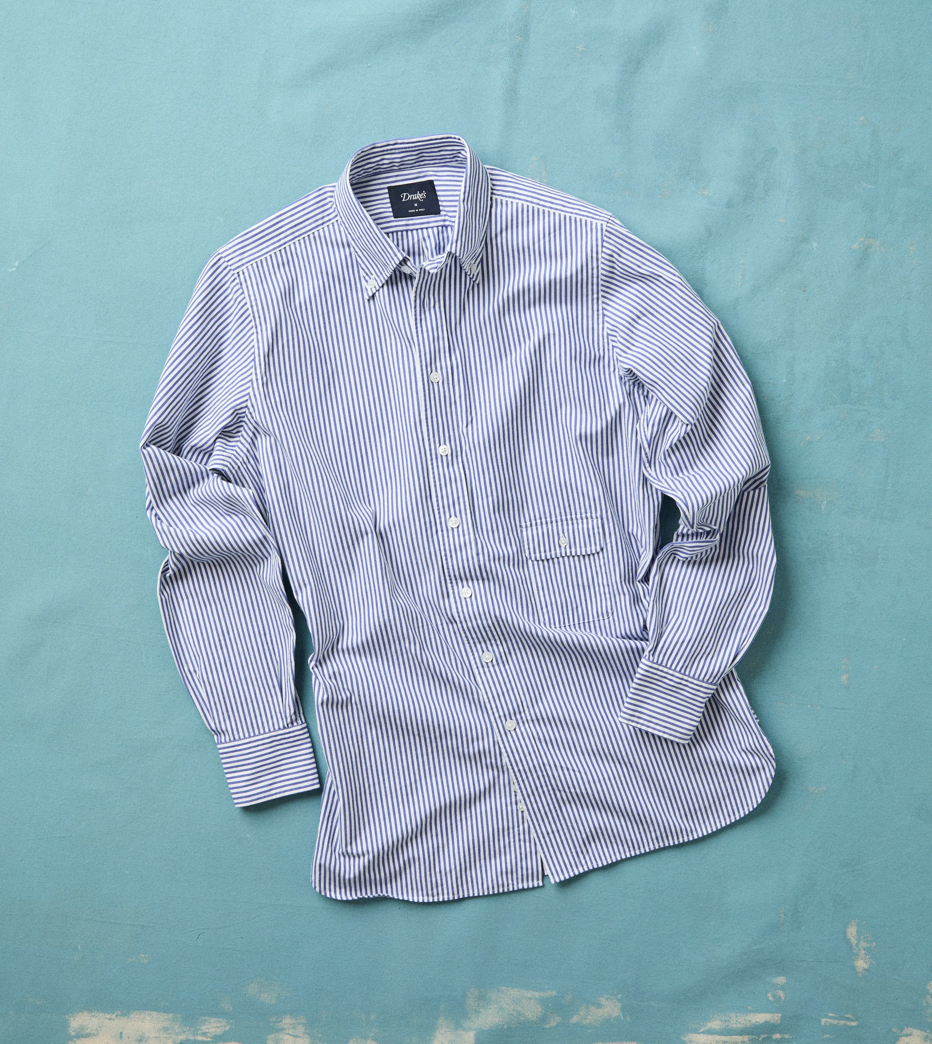 Blue and White Stripe Button-Down Collar Fob Pocket Shirt - 1