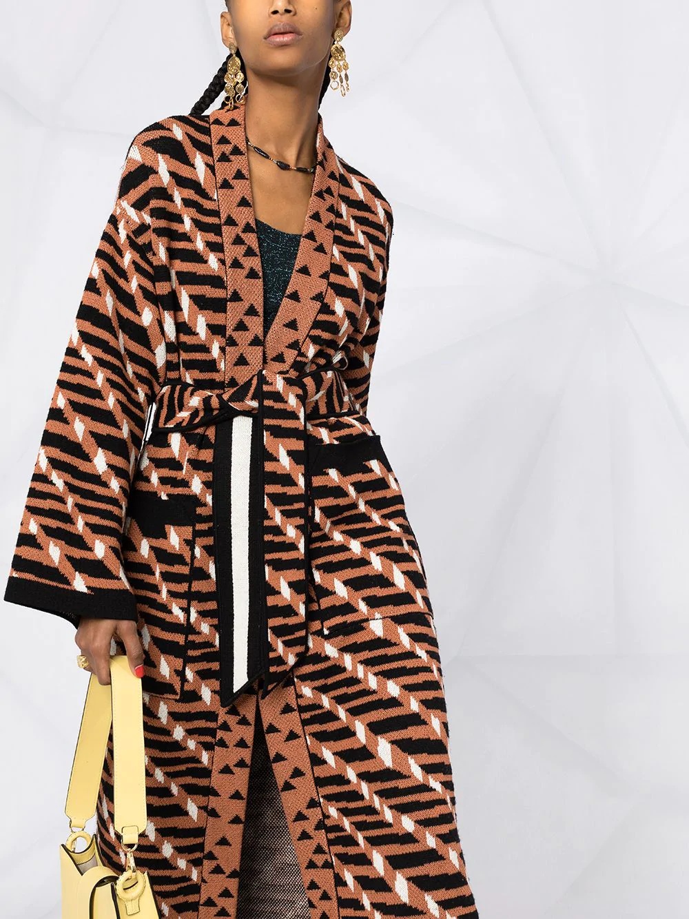 geometric-pattern belted coat - 3