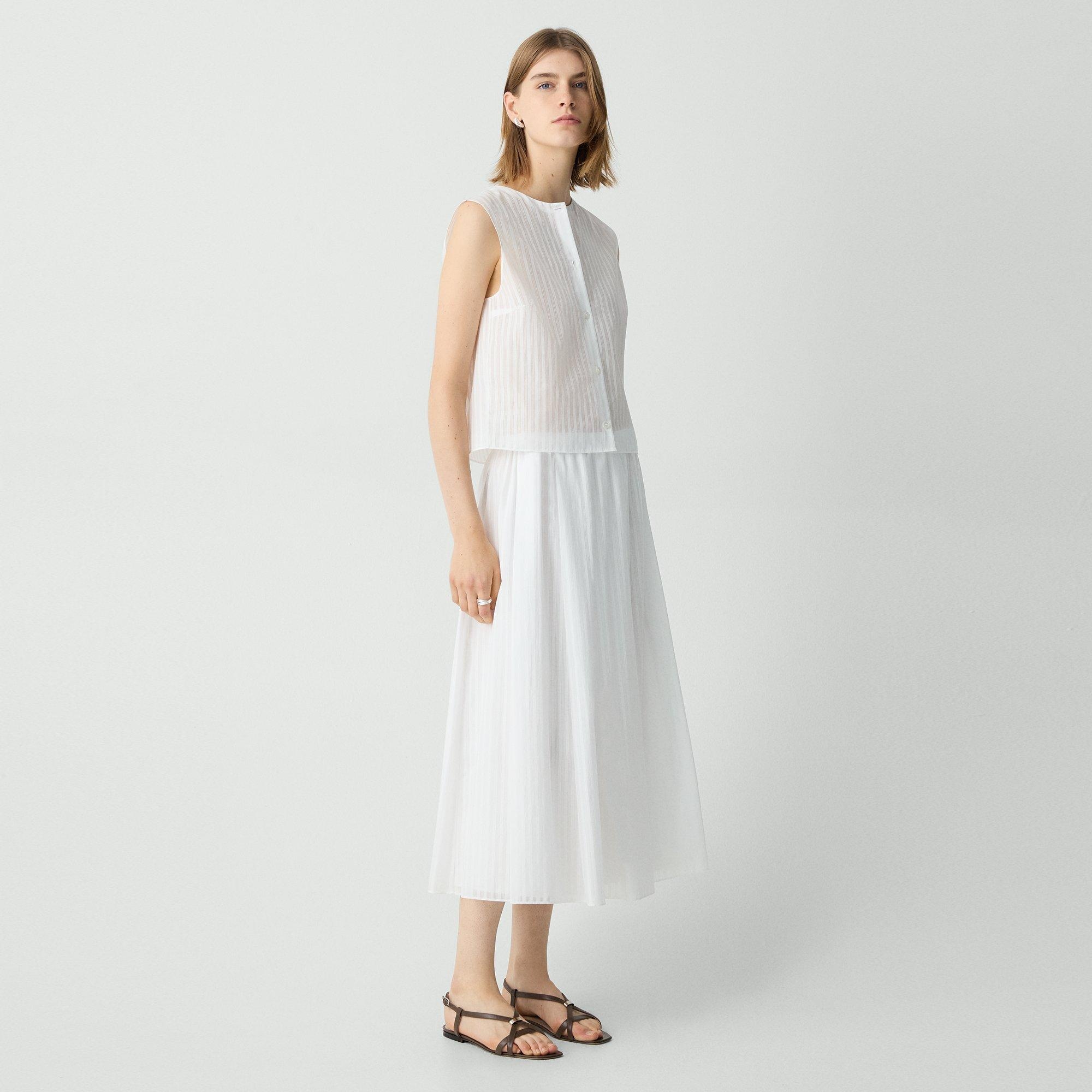 Pleated A-Line Skirt in Linear Cotton - 3
