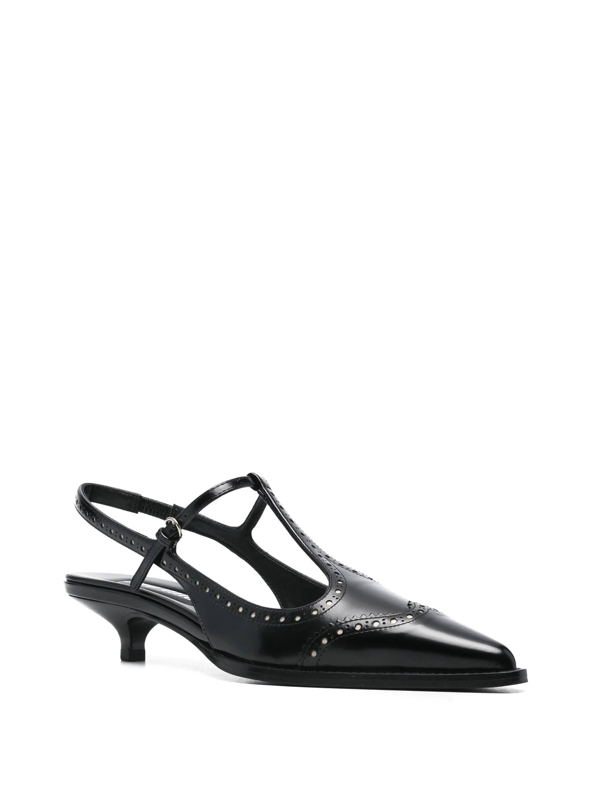 Brushed Leather Brogue Slingback T-strap Pumps - 4