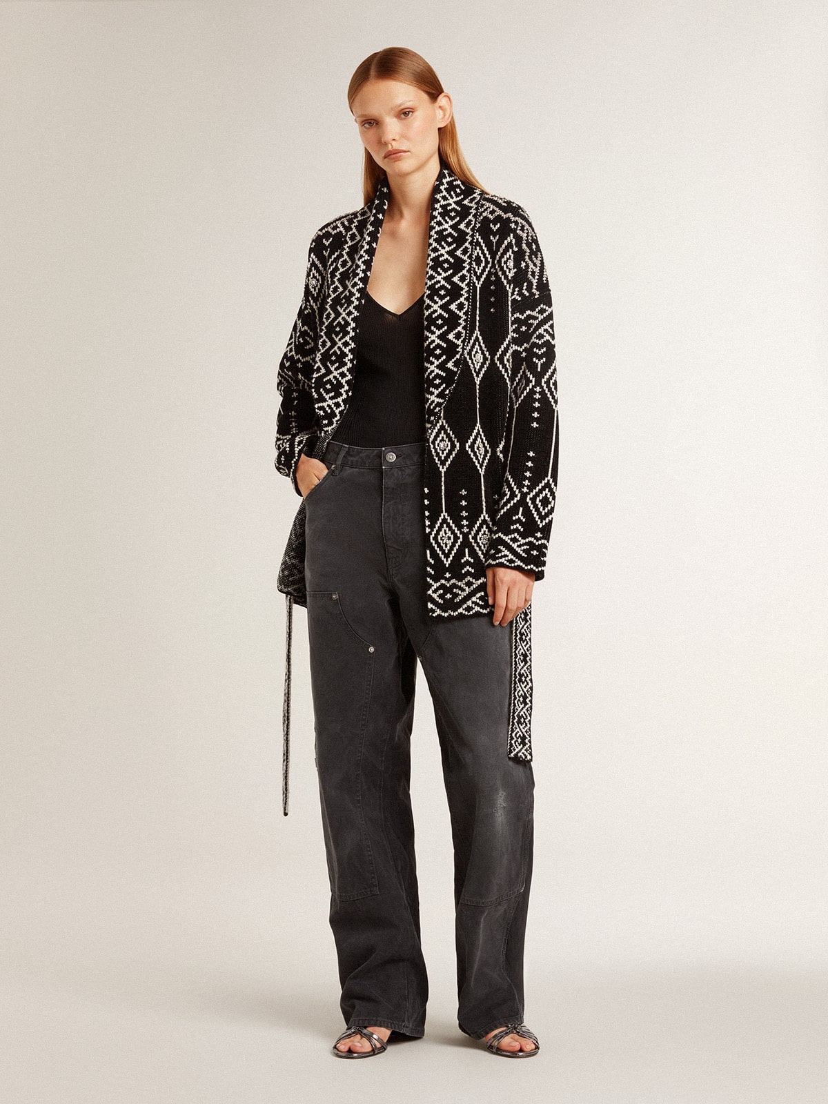 Women’s black cardigan with belt and crystals - 3