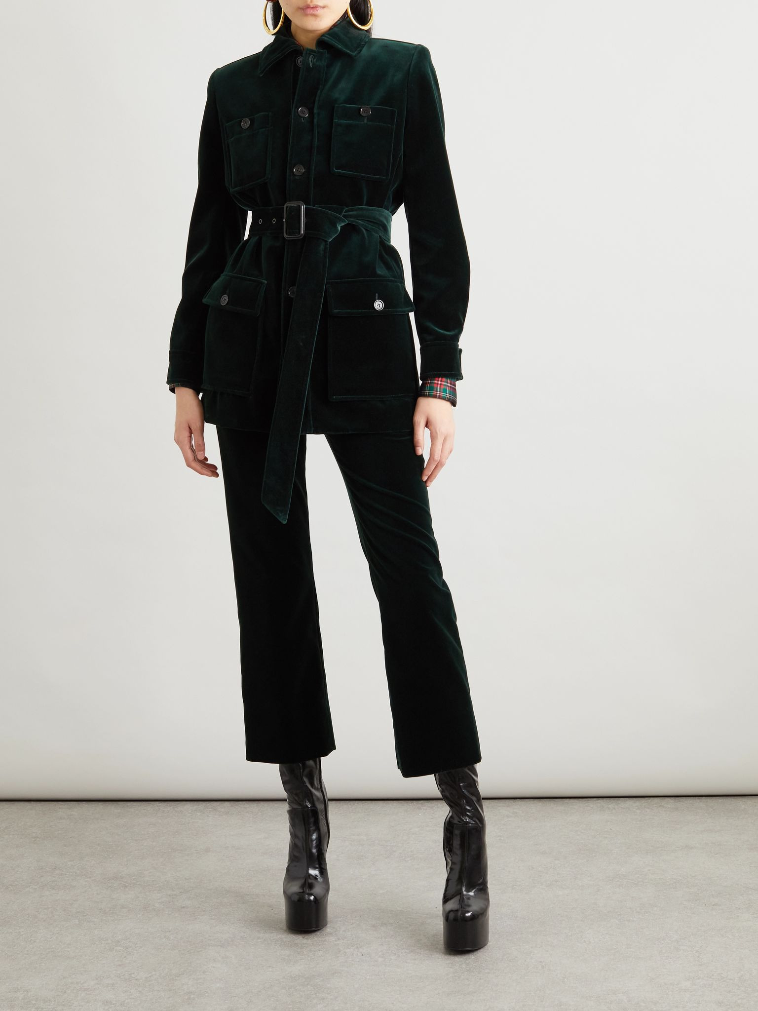 Belted velvet jacket Dark green - 2