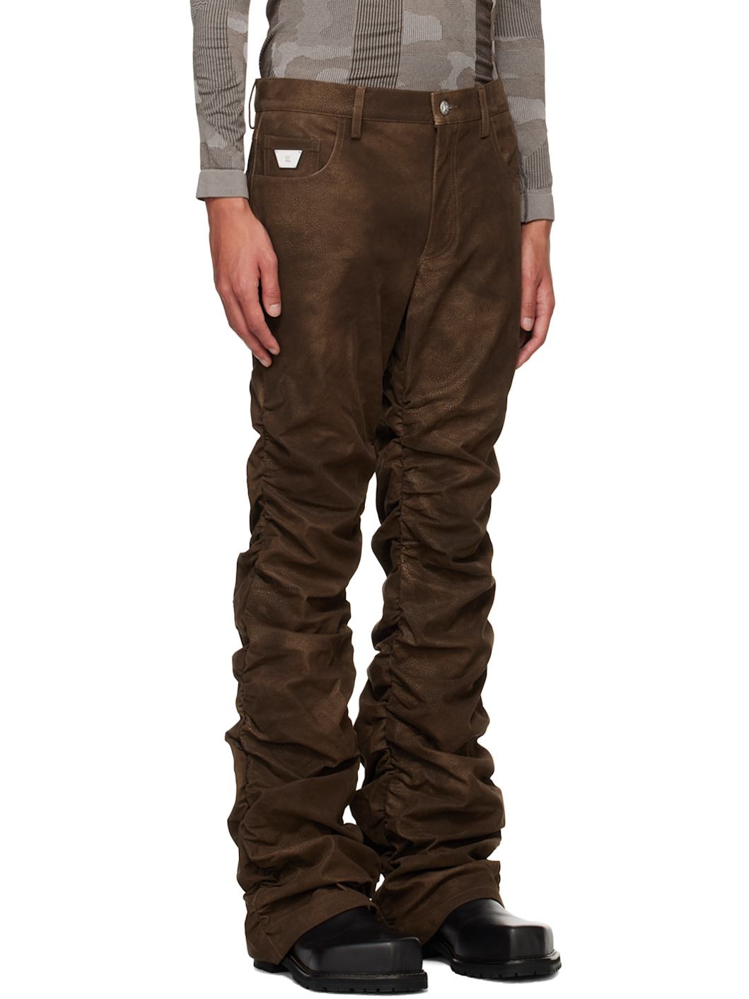 Brown Ruched Faux-Leather Trousers - 2