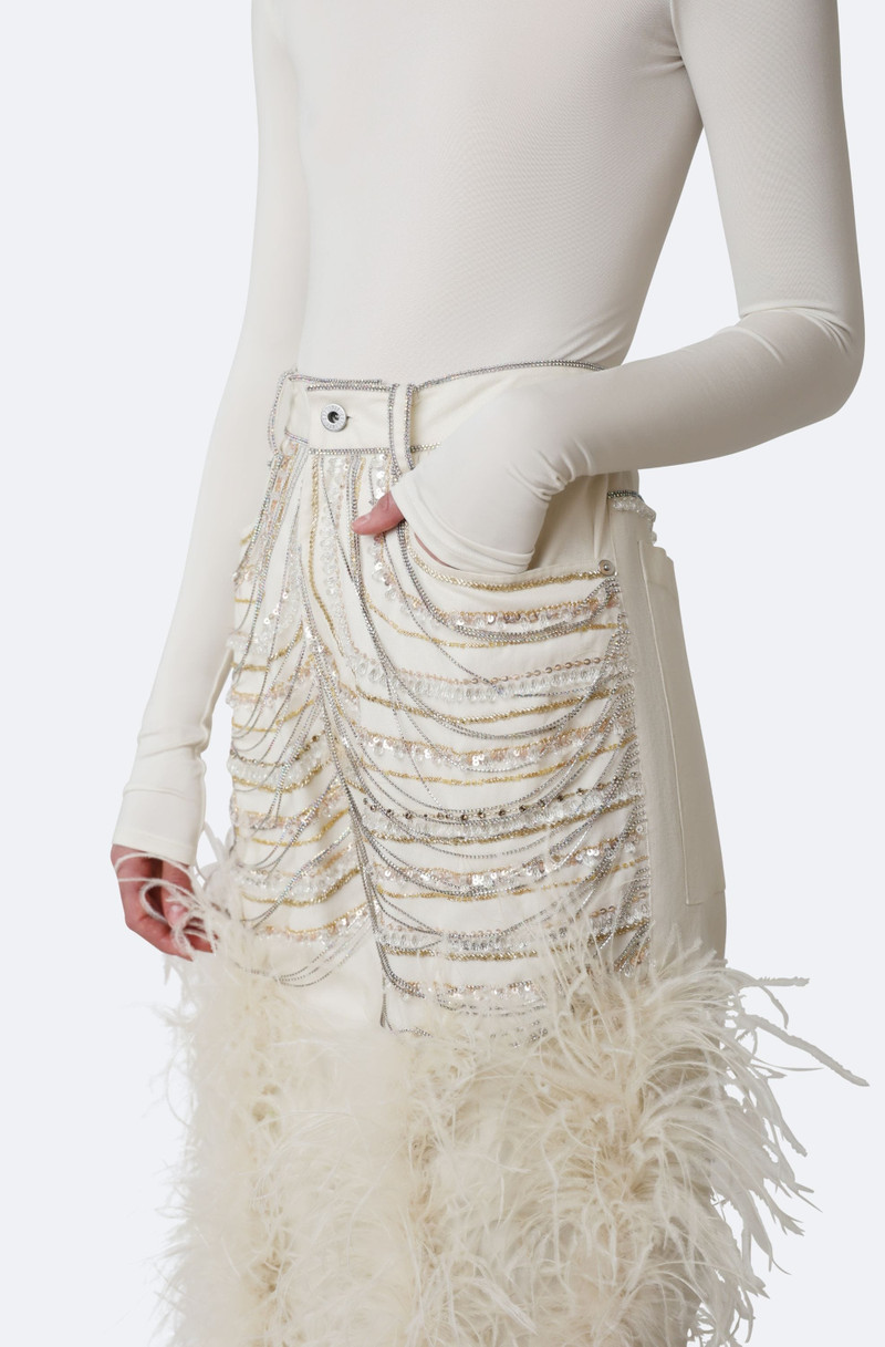 Stretch Cotton Twill Embroidered Pants With Feathers 4