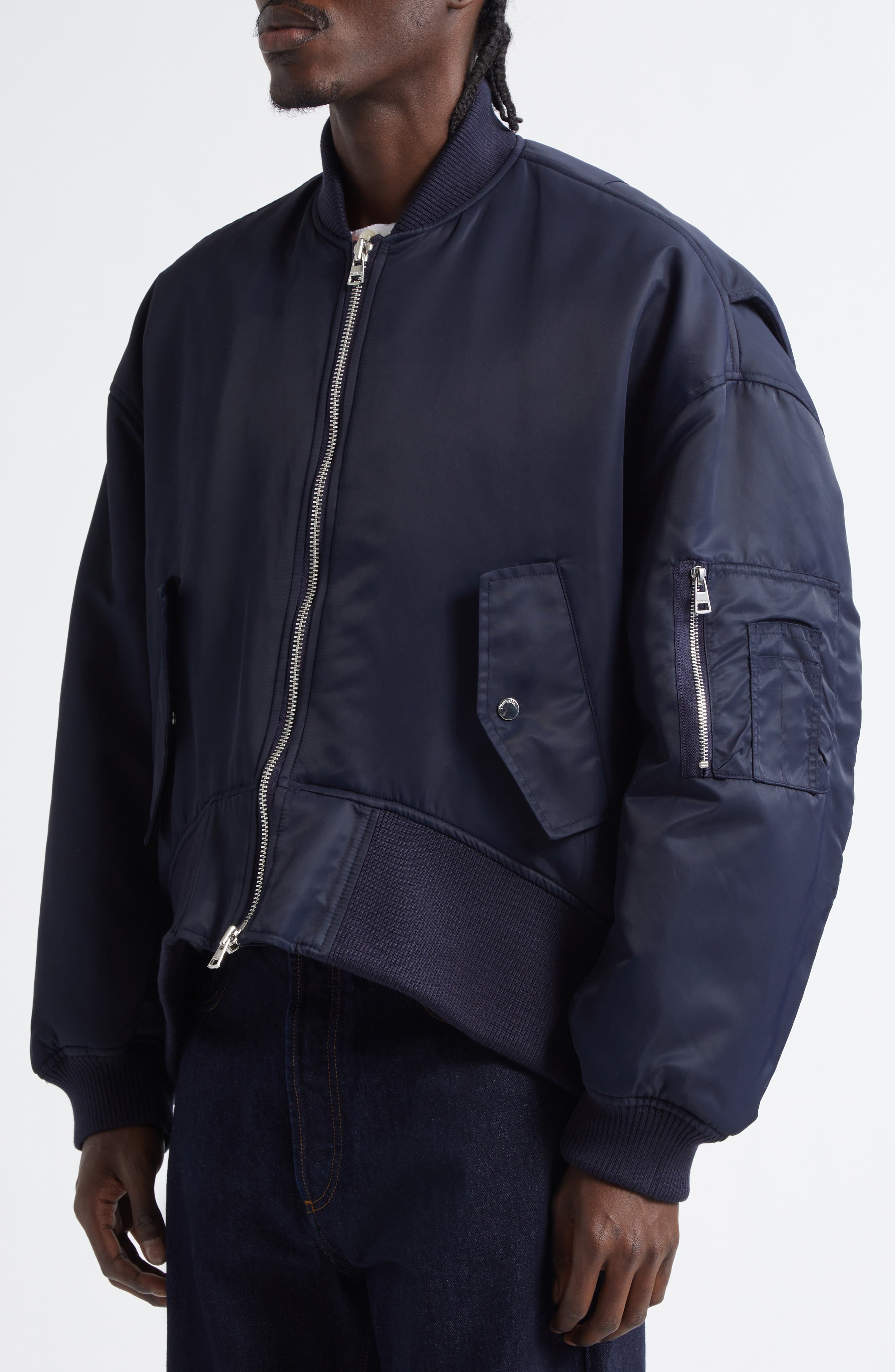 JW Anderson Curved Hem Oversize Bomber Jacket in Navy at Nordstrom - 4