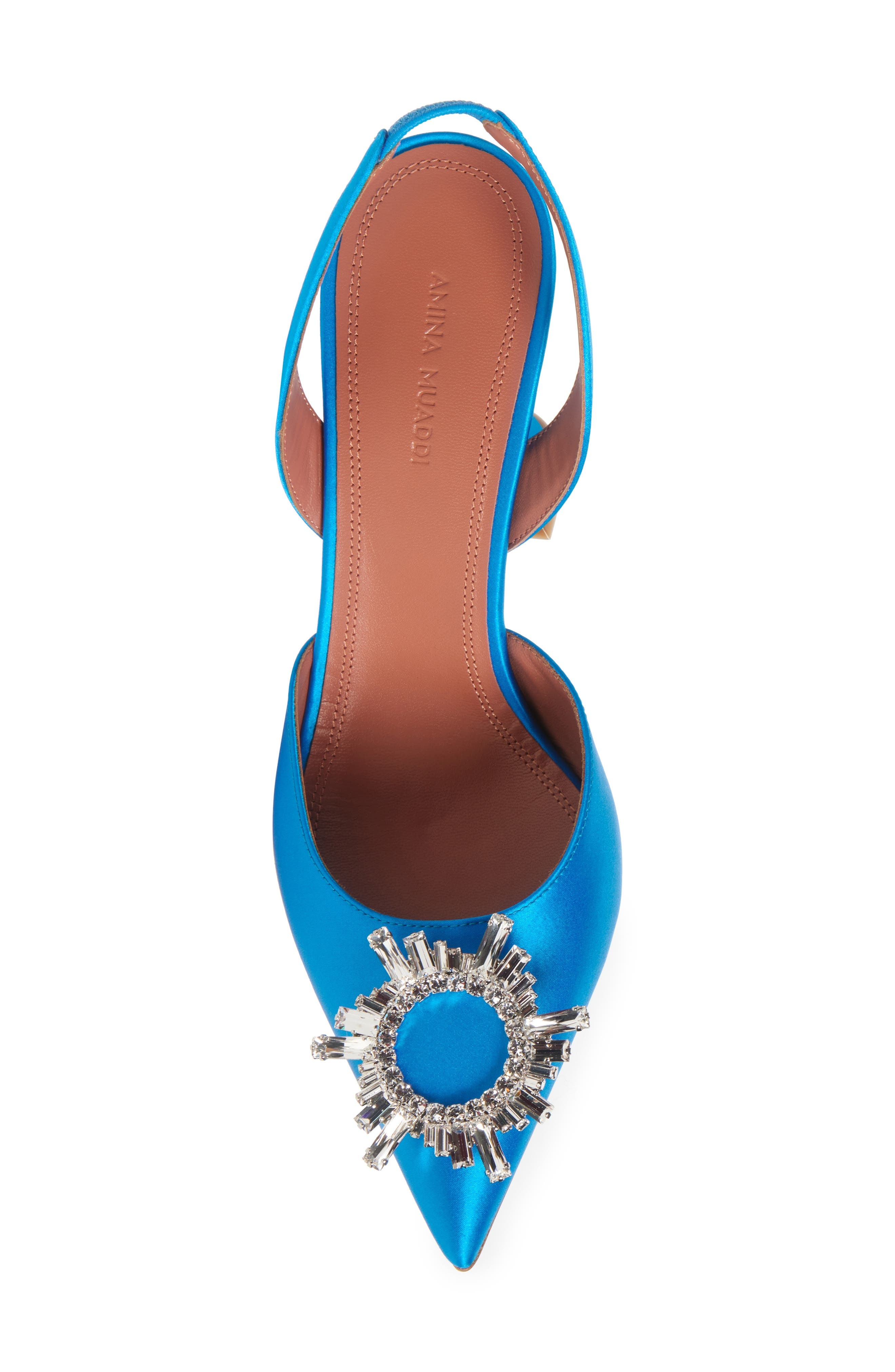 Amina Muaddi Begum Crystal Pointed Toe Slingback Pump in Satin Azur/White Crystal at Nordstrom - 5