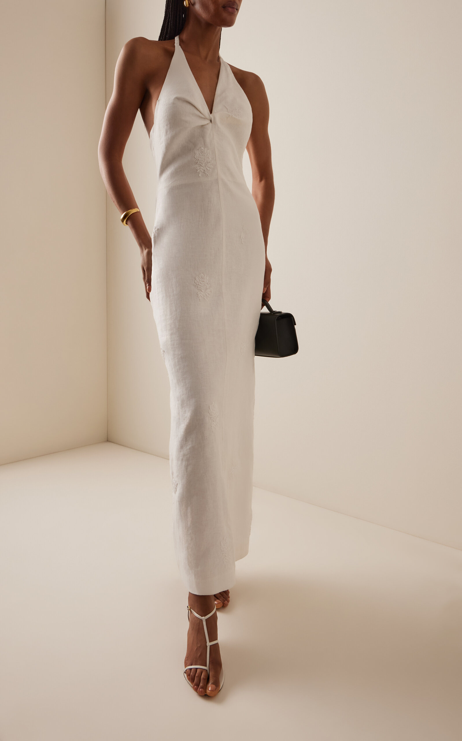 Alessandra Beaded Linen Maxi Halter Dress ivory - 3