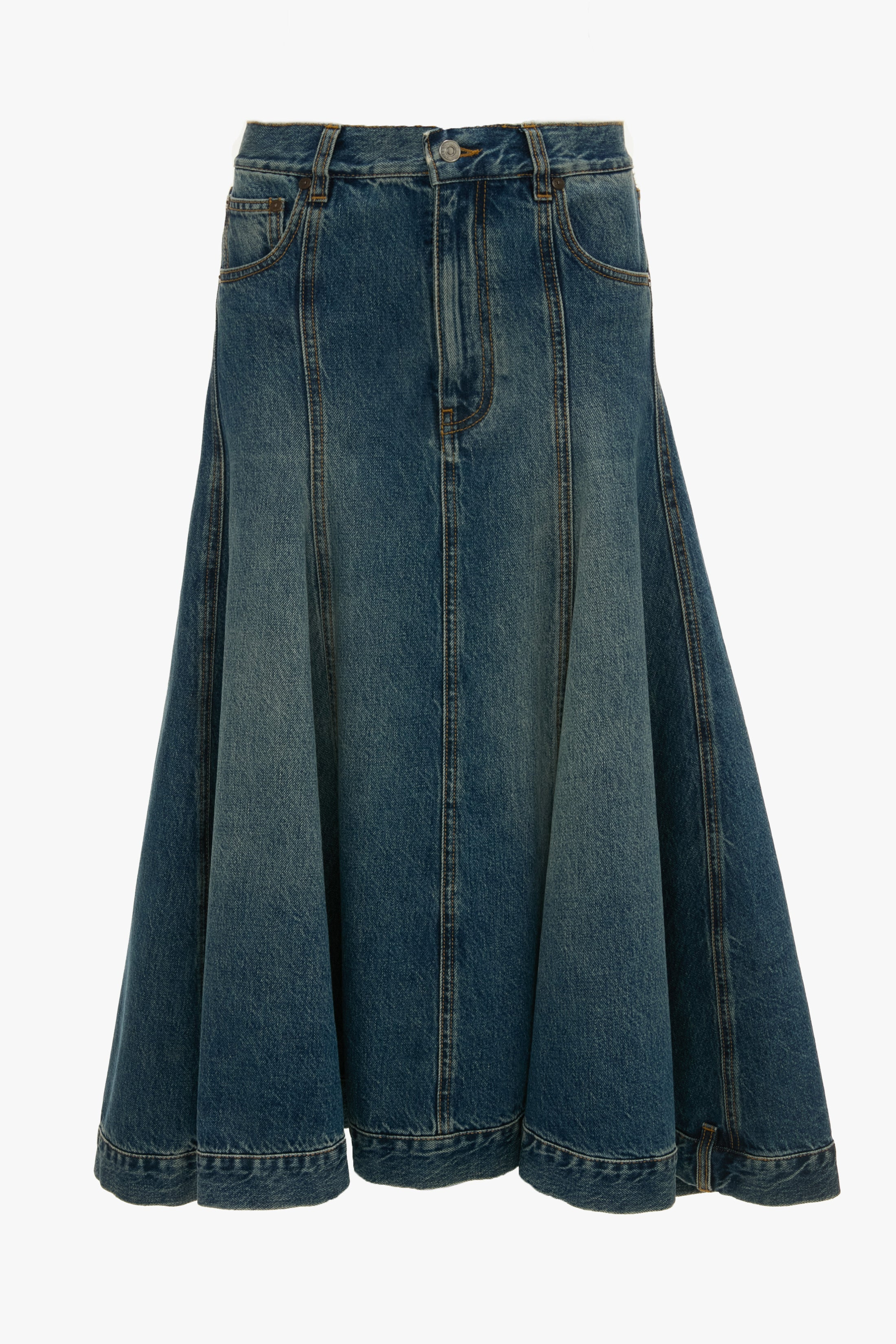 Panelled Kick Detail Skirt In Classic Blue Wash - 1