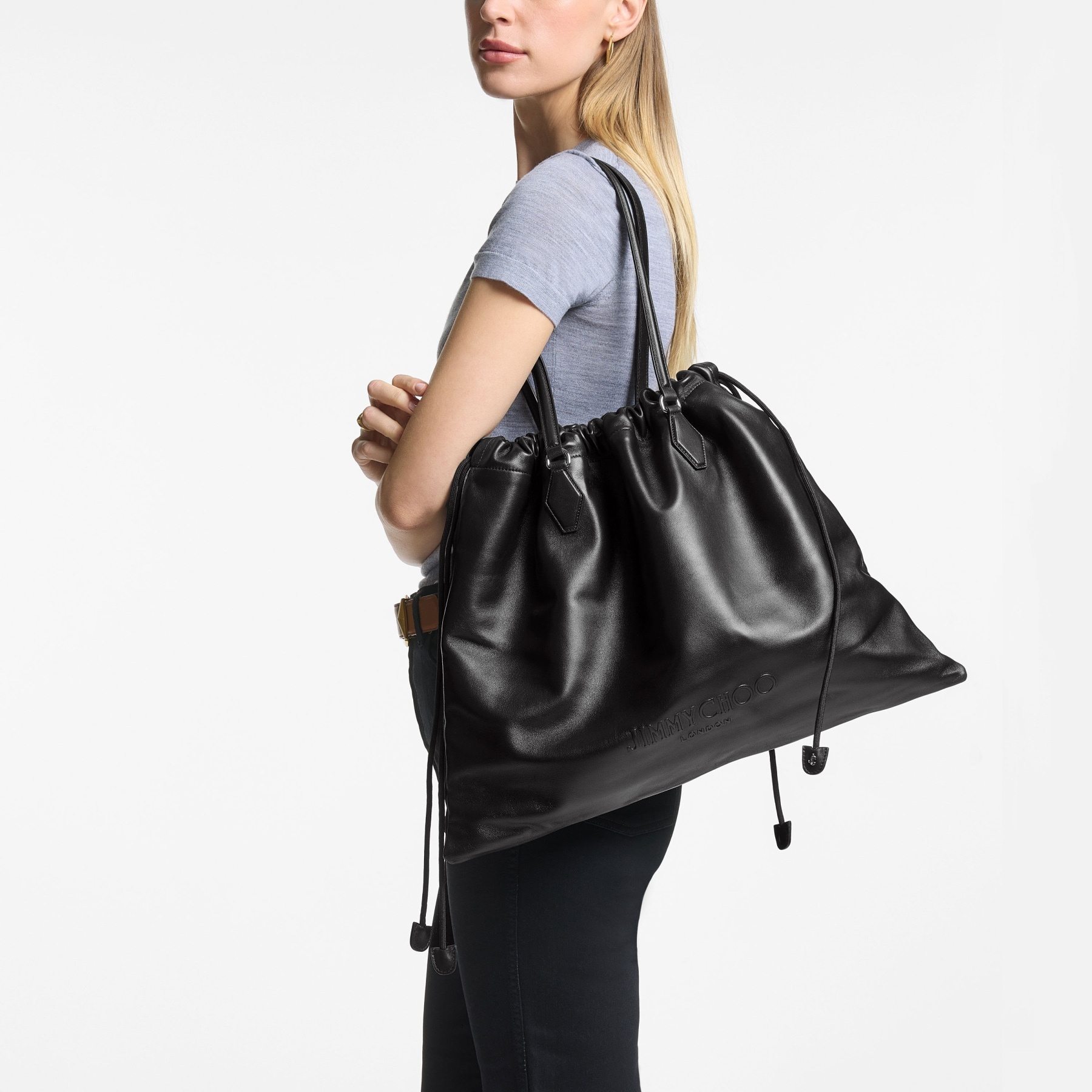 Drawstring Tote L
Black Nappa Leather Drawstring Tote with Embossed Jimmy Choo - 2