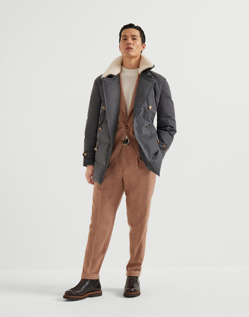 Bonded wool flannel one-and-a-half breasted down jacket with detachable shearling collar 5