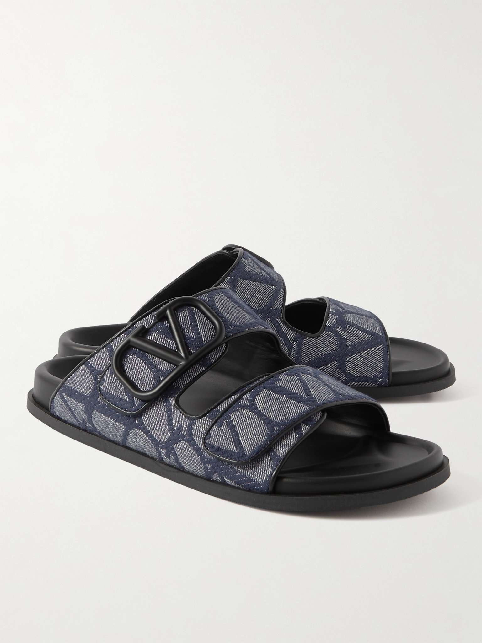 Leather-Trimmed Logo-Jacquard Denim Slides - 4