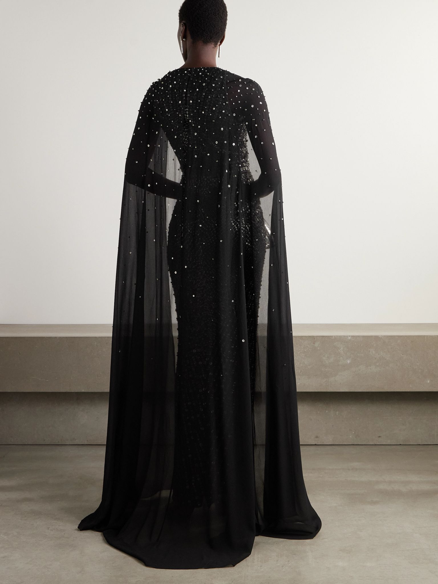 Zenith cape-effect embellished chiffon gown Black - 3