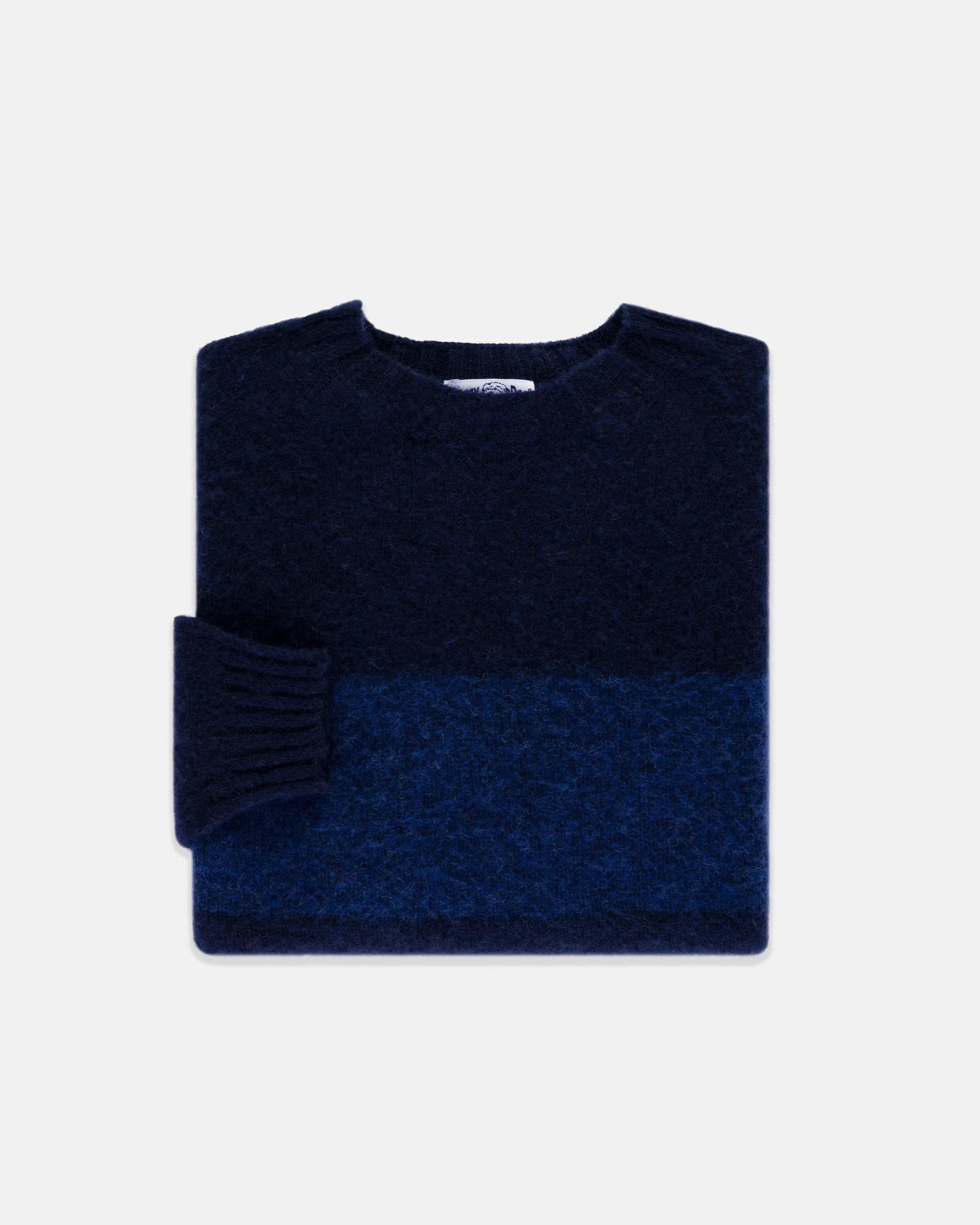 MADE-IN-SCOTLAND BLUE & NAVY SHAGGY DOG BLOCK STRIPE SWEATER - TRIM FIT - 1