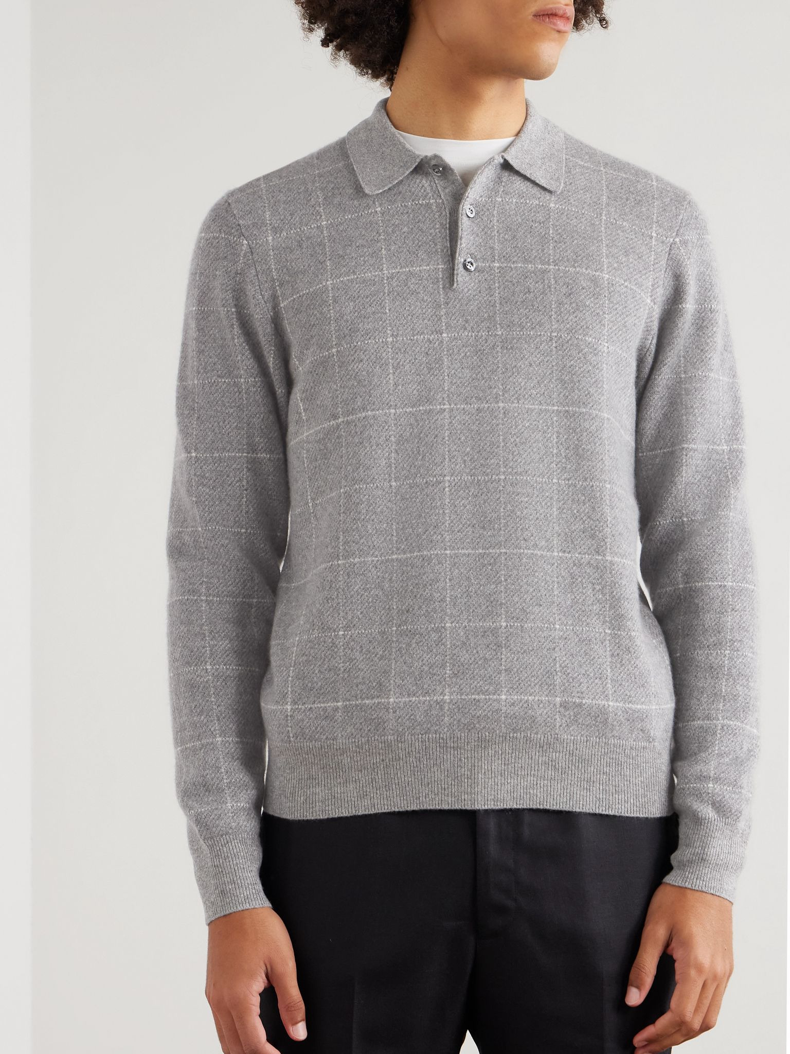 Checked Cashmere Polo Shirt Gray - 3