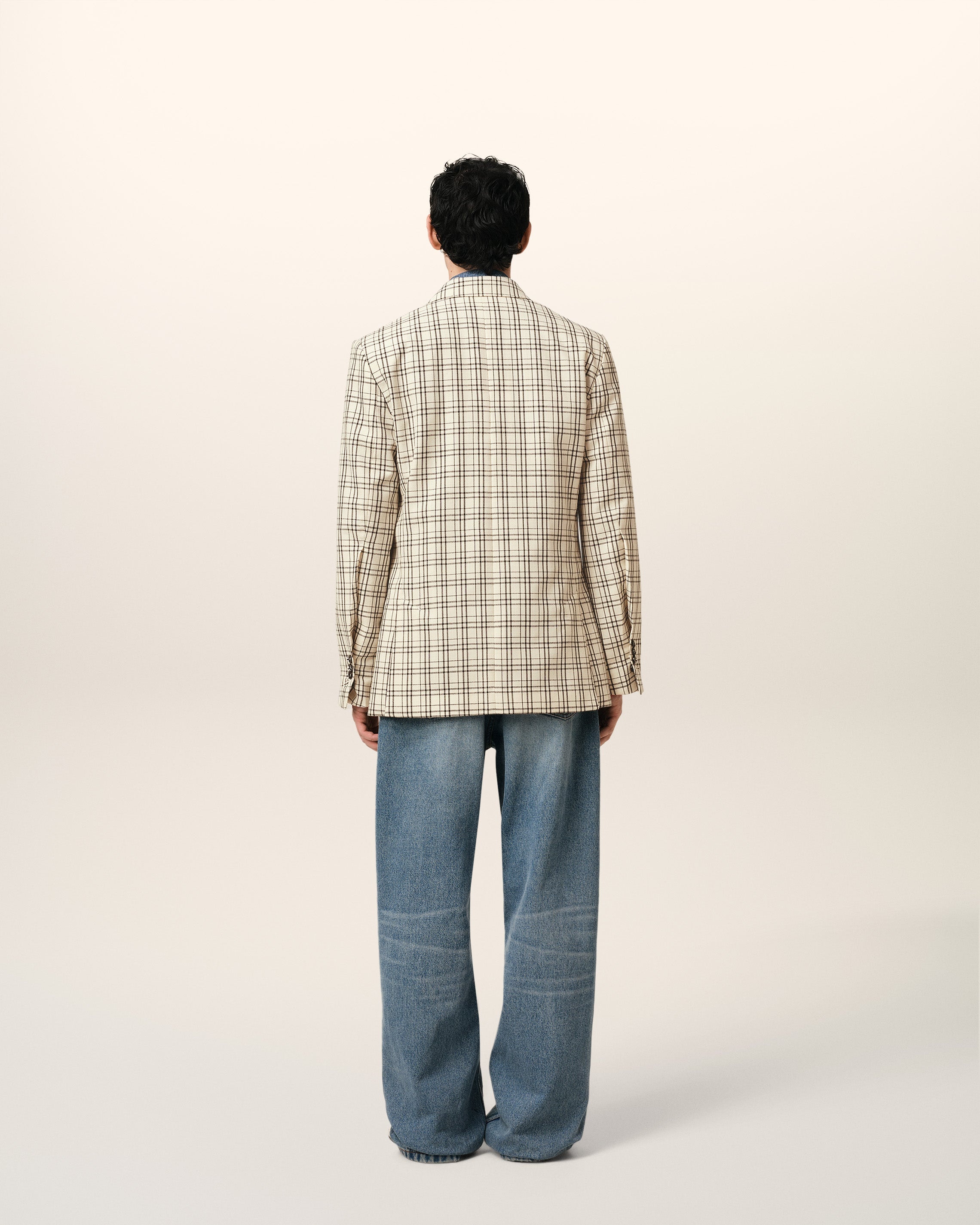 BEIGE CHECKED WOOL SEMI-LINED JACKET - 5