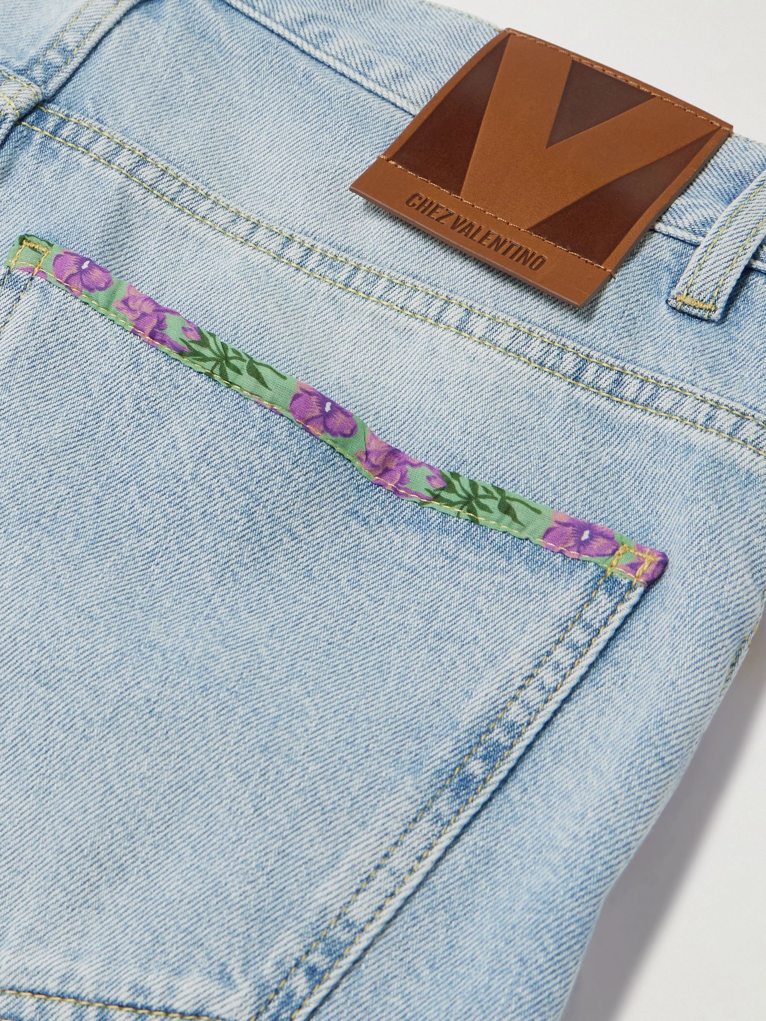 Embellished printed chiffon-trimmed mid-rise straight-leg jeans Light denim - 6