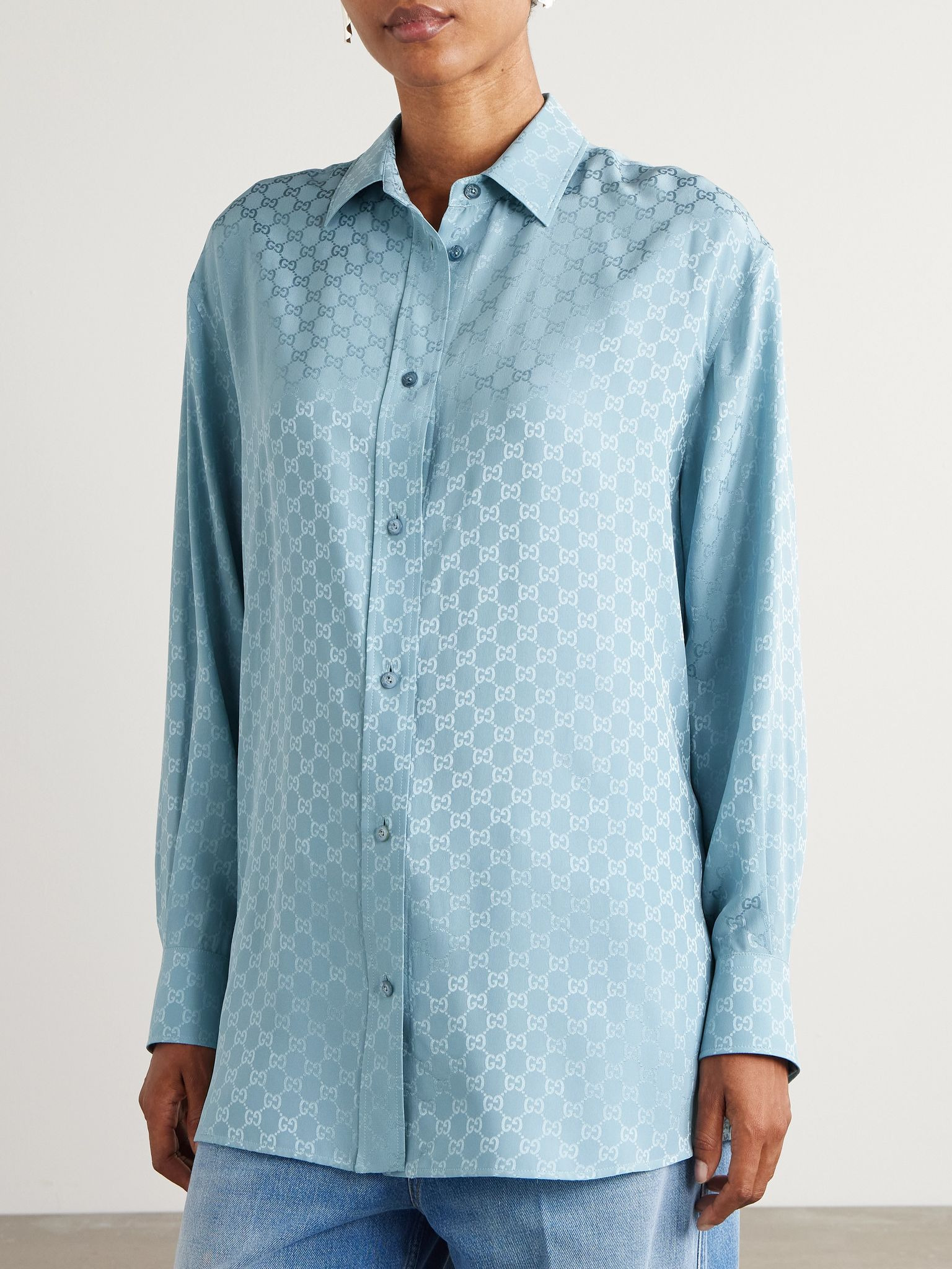 Silk-satin jacquard shirt Blue - 3