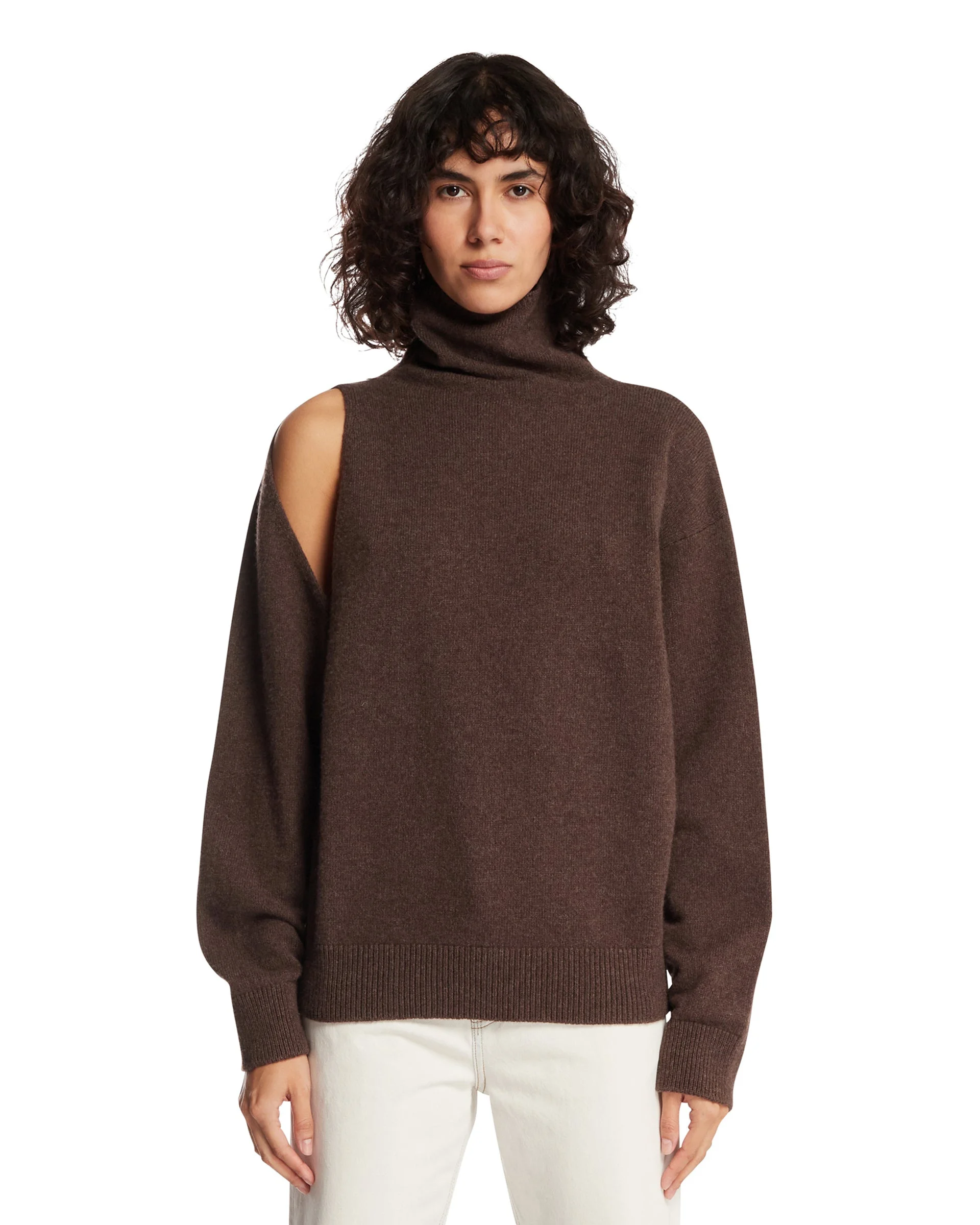Brown Wool and Cashmere Shoulder Cut-Out Sweater - 1