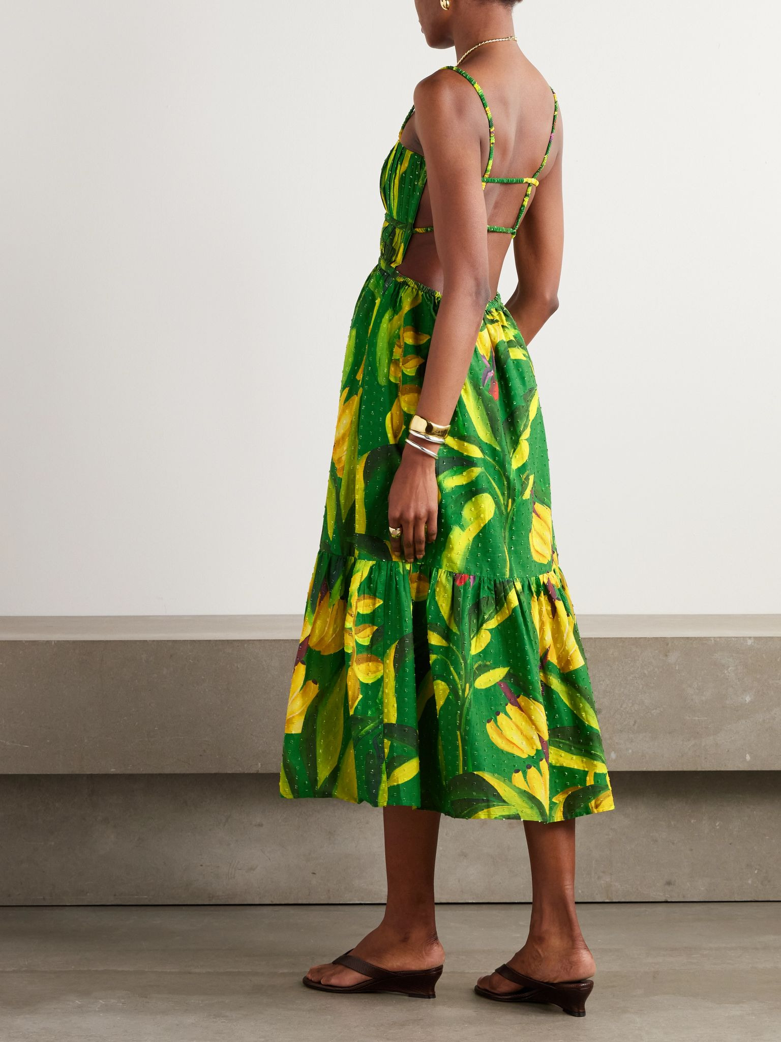 Banana Aquarela pleated printed swiss-dot linen midi dress Green - 3