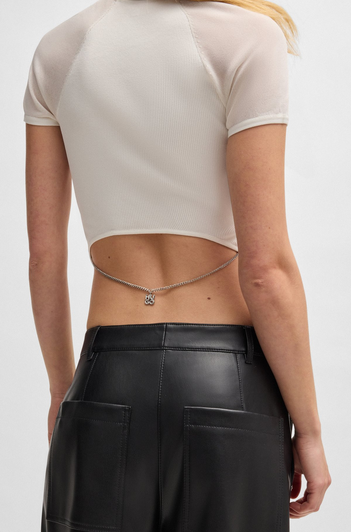 RIB-KNIT TOP WITH SHEER PANELS AND LOGO CHAIN - 5