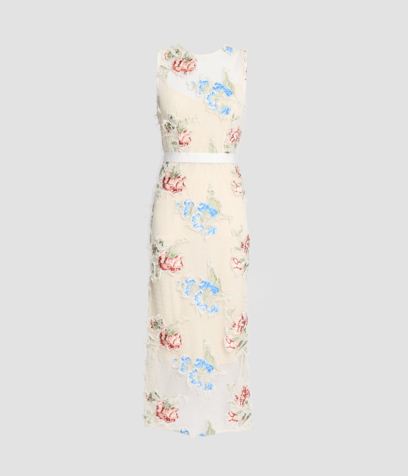 EMBROIDERED SHREDDED MESH PENCIL MIDI DRESS 1
