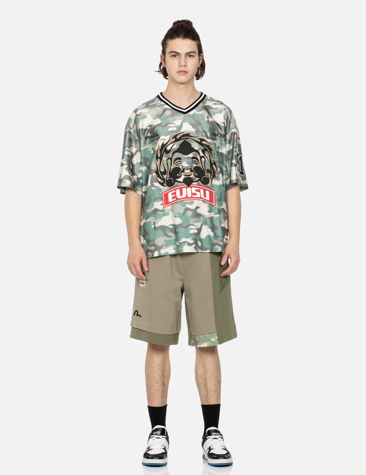LOGO PRINT AND SEAGULL EMBROIDERY PATCHWORK SWEAT SHORTS - 5