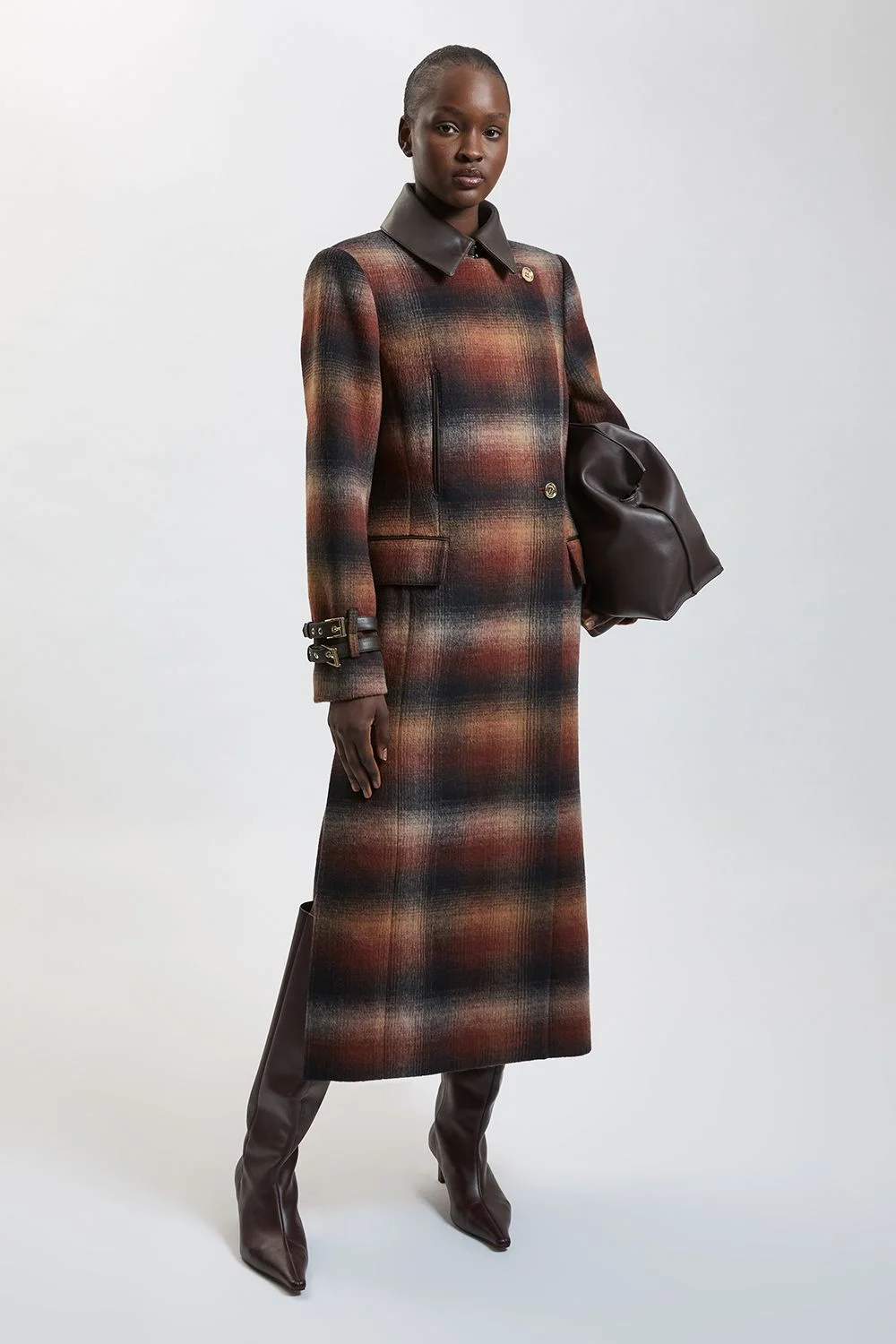 Check Wool PU Tipped Long Coat - 1