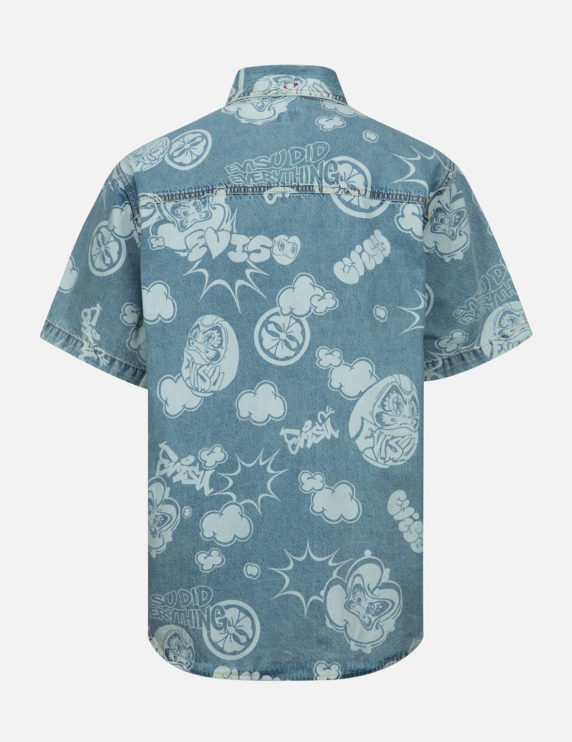 ALLOVER GRAFFITI DARUMA AND LOGO DISCHARGED-PRINT DENIM SHIRT - 2