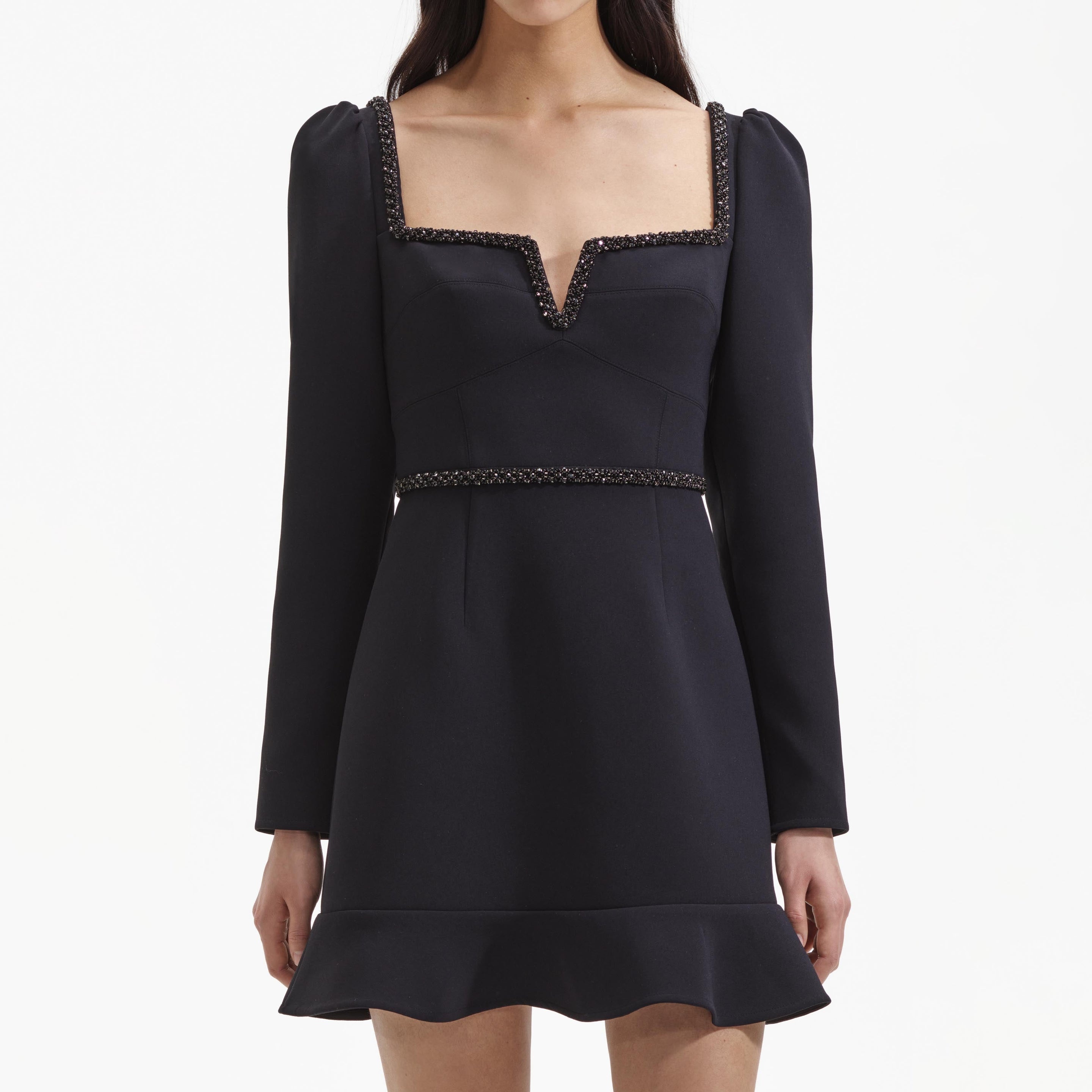 self-portrait Black Bonded Crepe Long Sleeve Mini Dress - SS24-256S-B |  REVERSIBLE