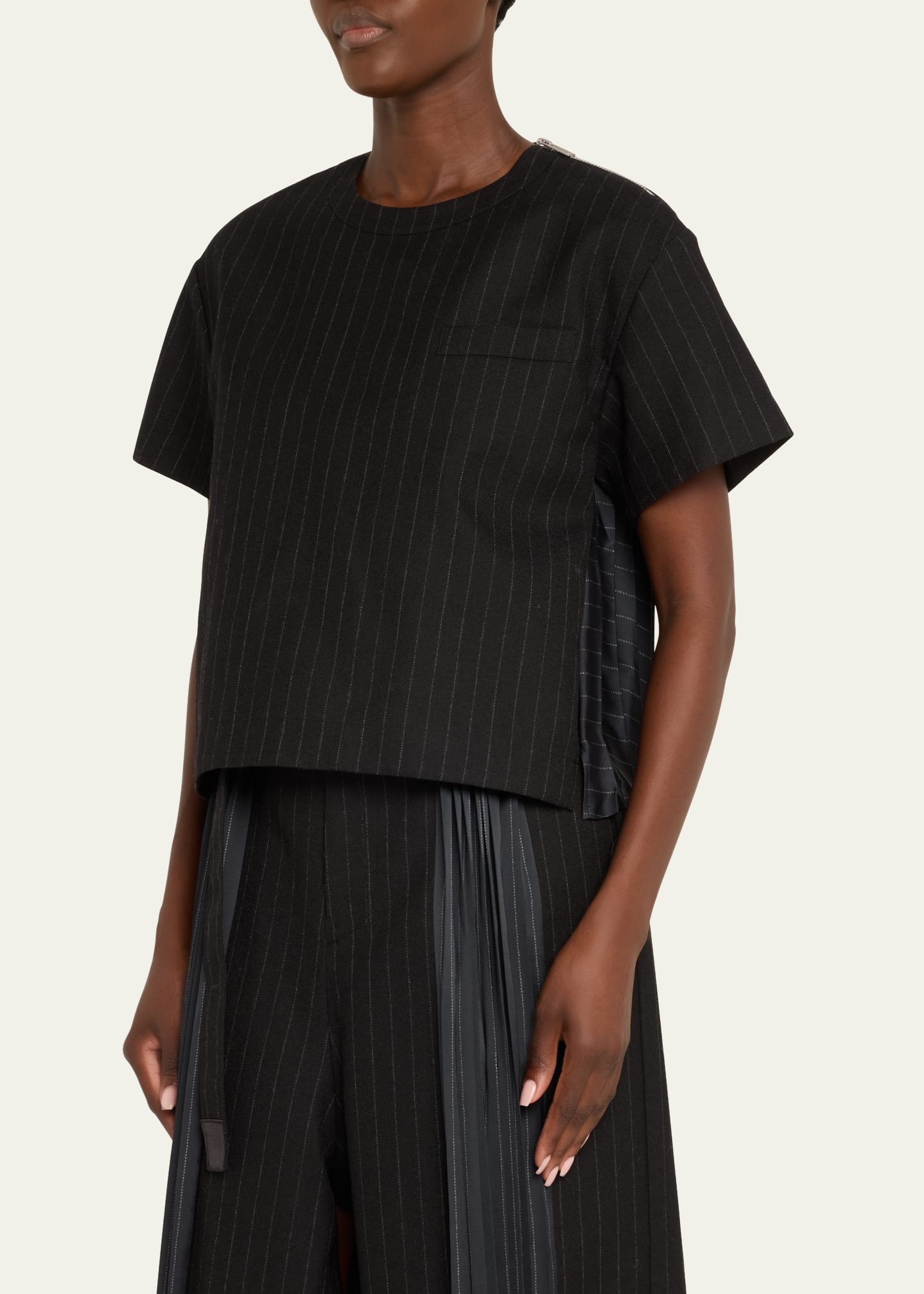 Chalk Stripe Zip Shoulder Wool Top - 4