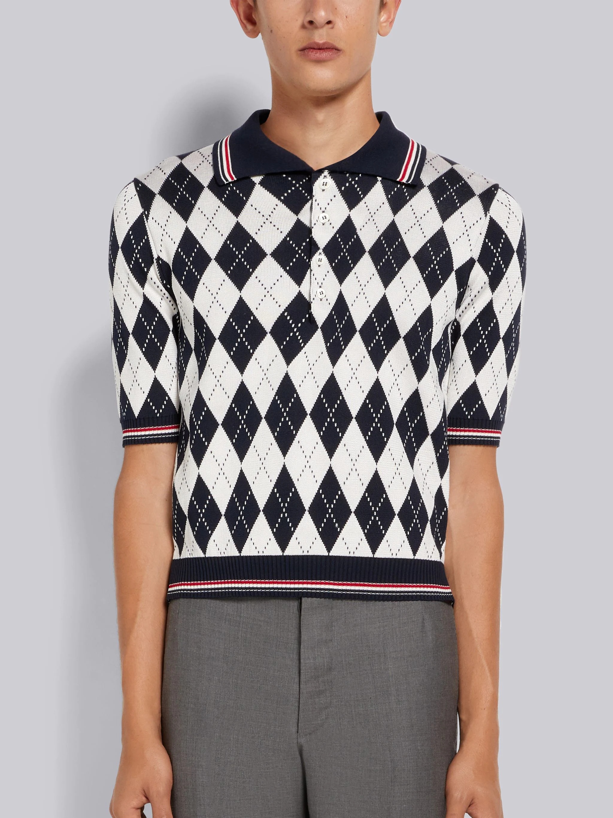 Navy Argyle Cotton Silk Stripe Tipping Polo - 1