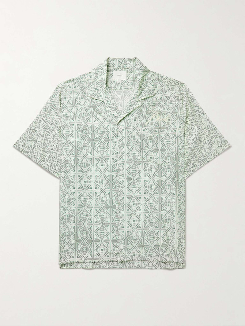 Camp-Collar Logo-Embroidered Printed Silk-Twill Shirt 1